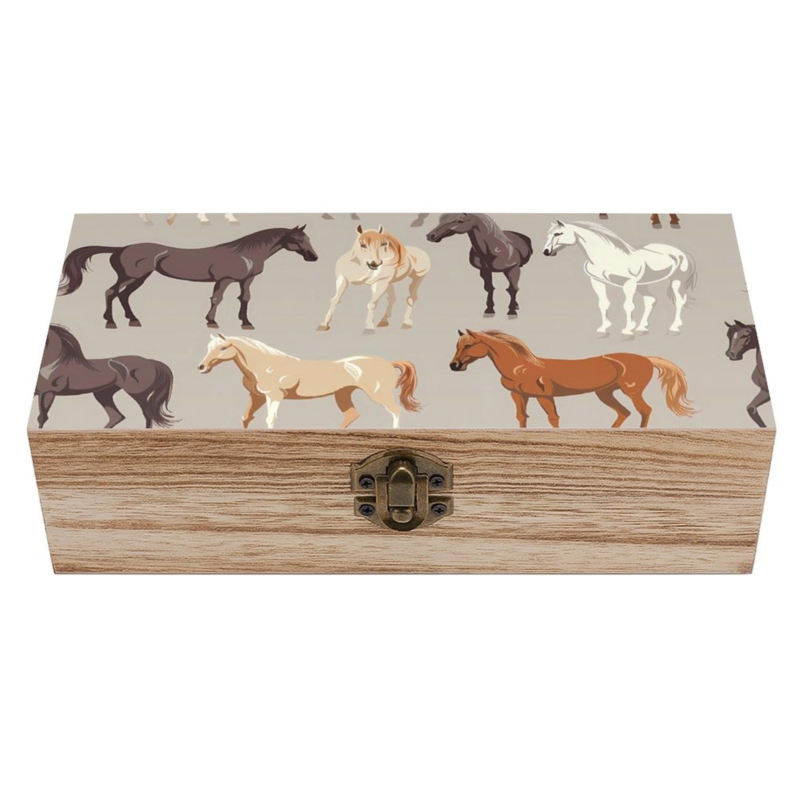 HLBSDM Colorful Horses Wooden Box with Hinged Lid Decorative Storage Case Container