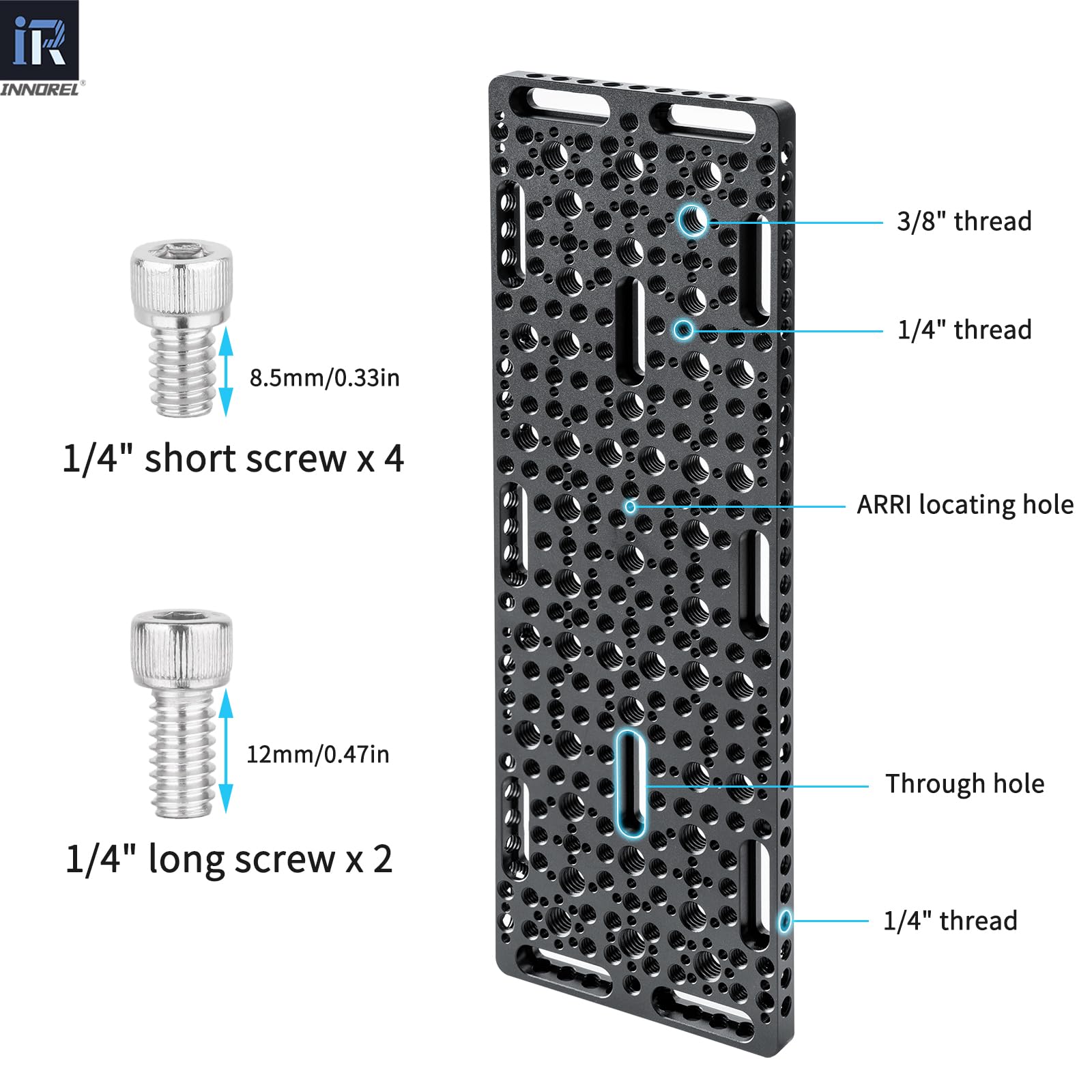 INNOREL CP3010 30 * 10 cm Multifunktionale Käseplatte mit 1/4"- und 3/8"-Gewinde,Wechselbare Montageplatte mit integrierten ARRI-Befestigungslöchern für Kamera und Stativ