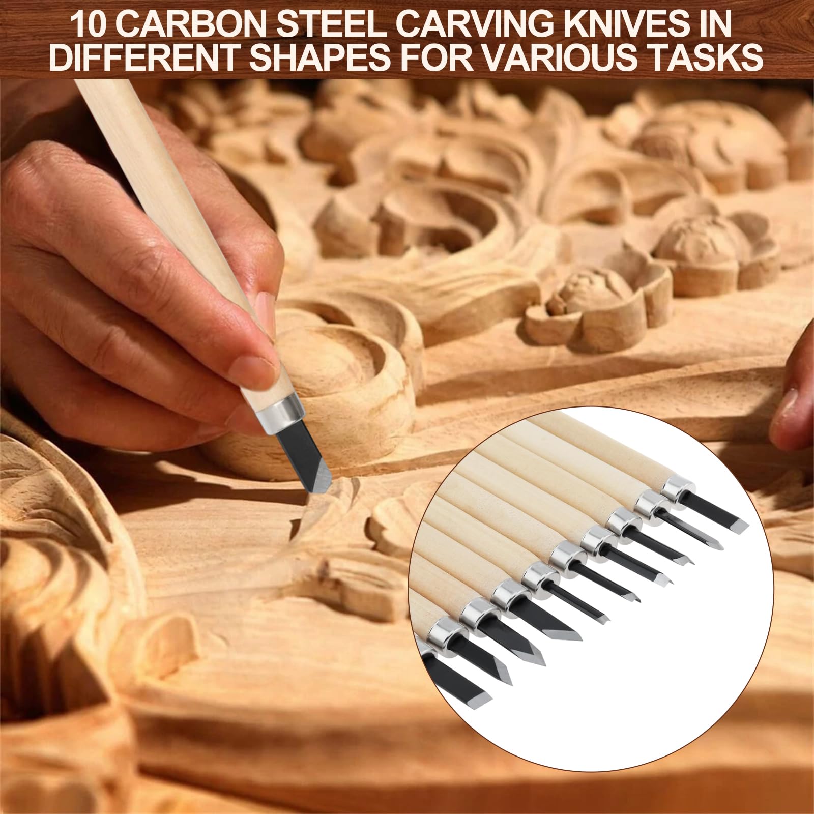Juego de 36 Herramientas para Tallar Madera, Set de Tallado de Madera con 5 Cuchillos de Tallar 10 Cuchillos de Detalles 14 Bloques de Tilo y Accesorios para Principiantes y Profesionales