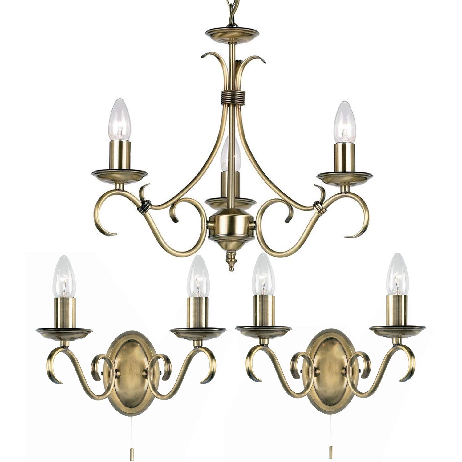 Loops Antique Brass Flush/Hanging 3 Bulb Ceiling & 2X Twin Wall Light Pack | Classic Chandelier Set | Matching Indoor Lamp Fittings | Modern/Vintage Lounge Bedroom Lighting | Led & Dimmable Kit