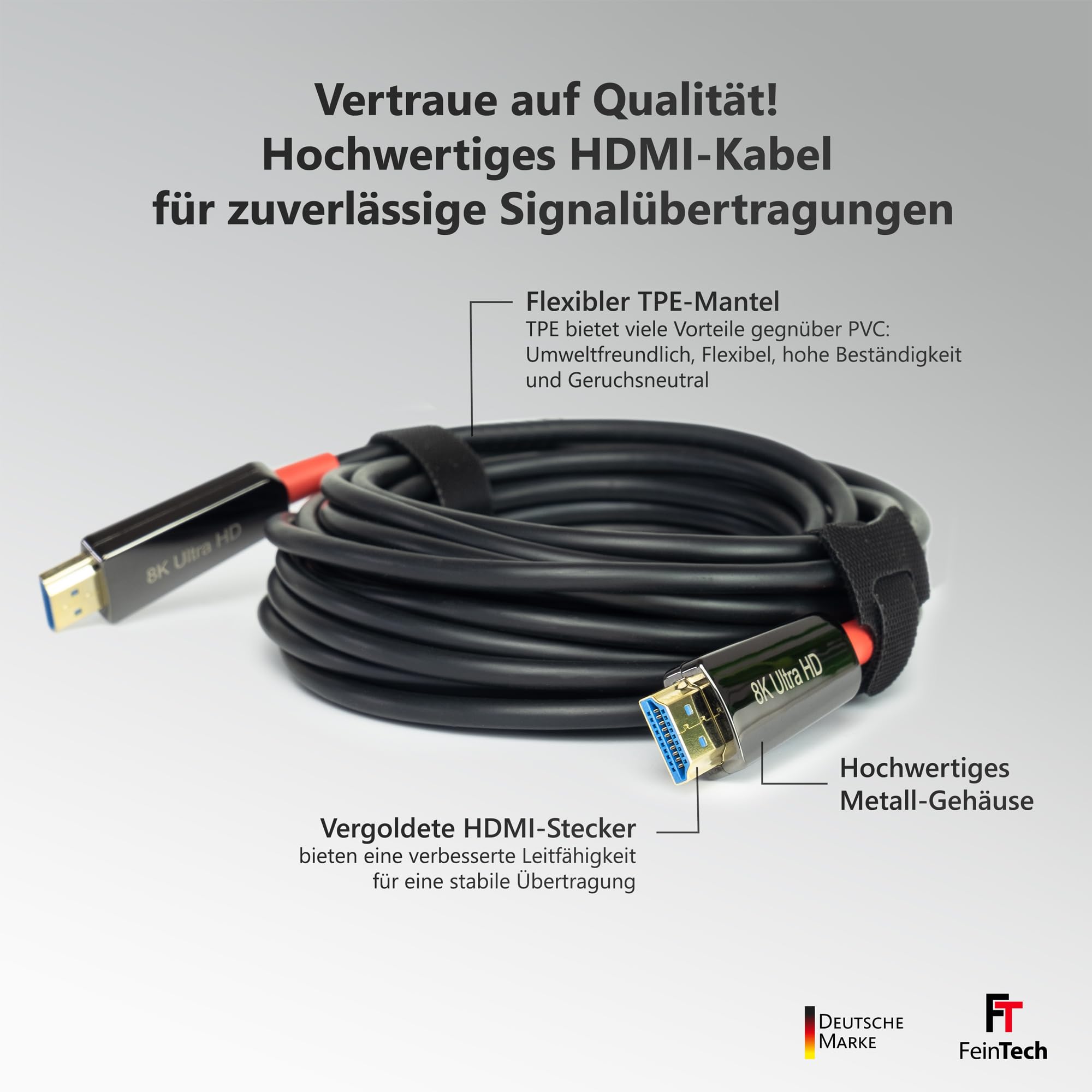 FeinTech 8K HDMI Glasfaserkabel 8m, 4K 120Hz, 1440p 144Hz für HDMI 2.1 Gaming, HDMI Kabel PS5 Xbox PC TV, 48Gbps, unterstützt eARC, CEC, VRR, HDR, Dolby Atmos, 3D, VMI90080