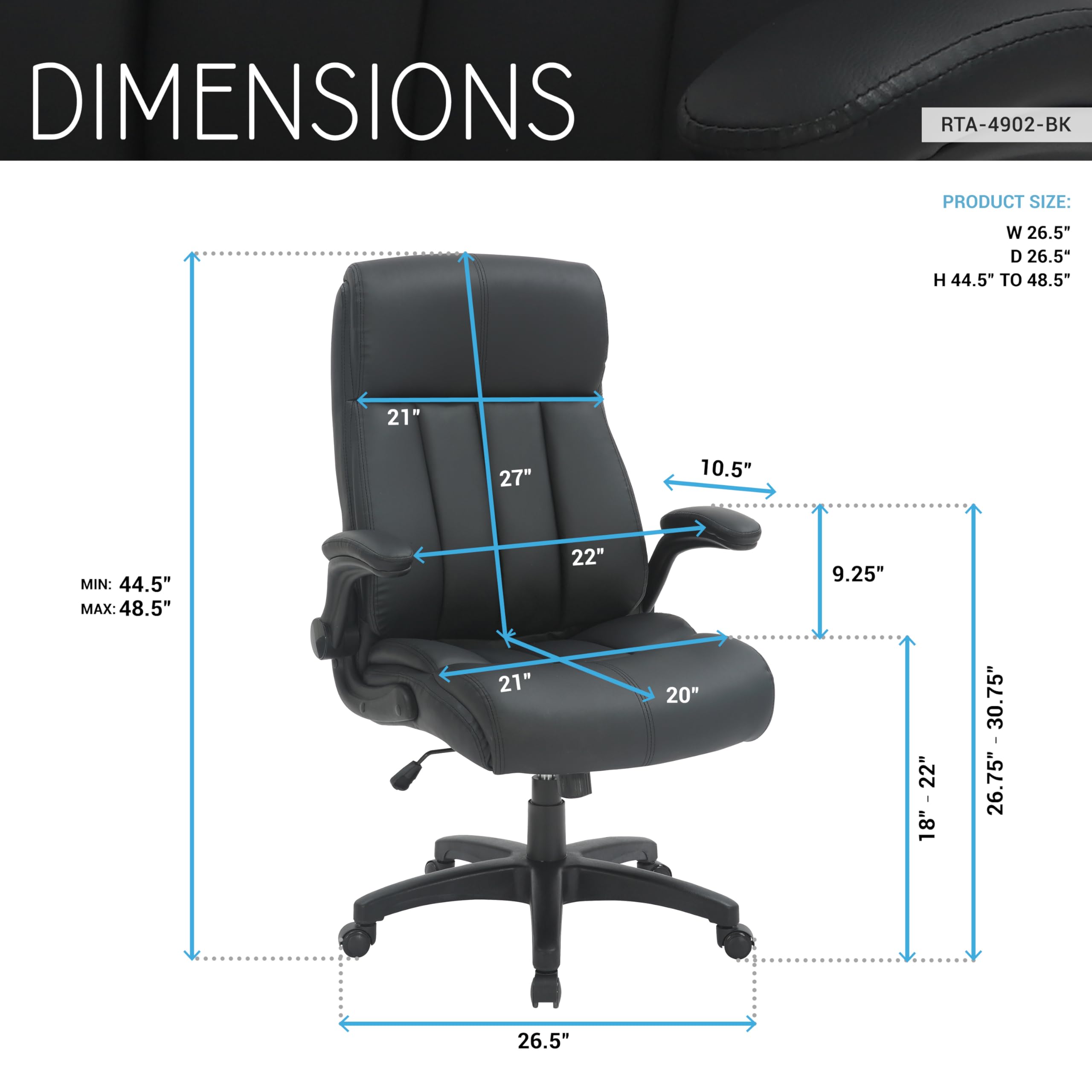 Silla de oficina ejecutiva de cuero con reposabrazos acolchados abatibles y altura ajustable con control de inclinación, silla de escritorio de poliuretano, color negro 4