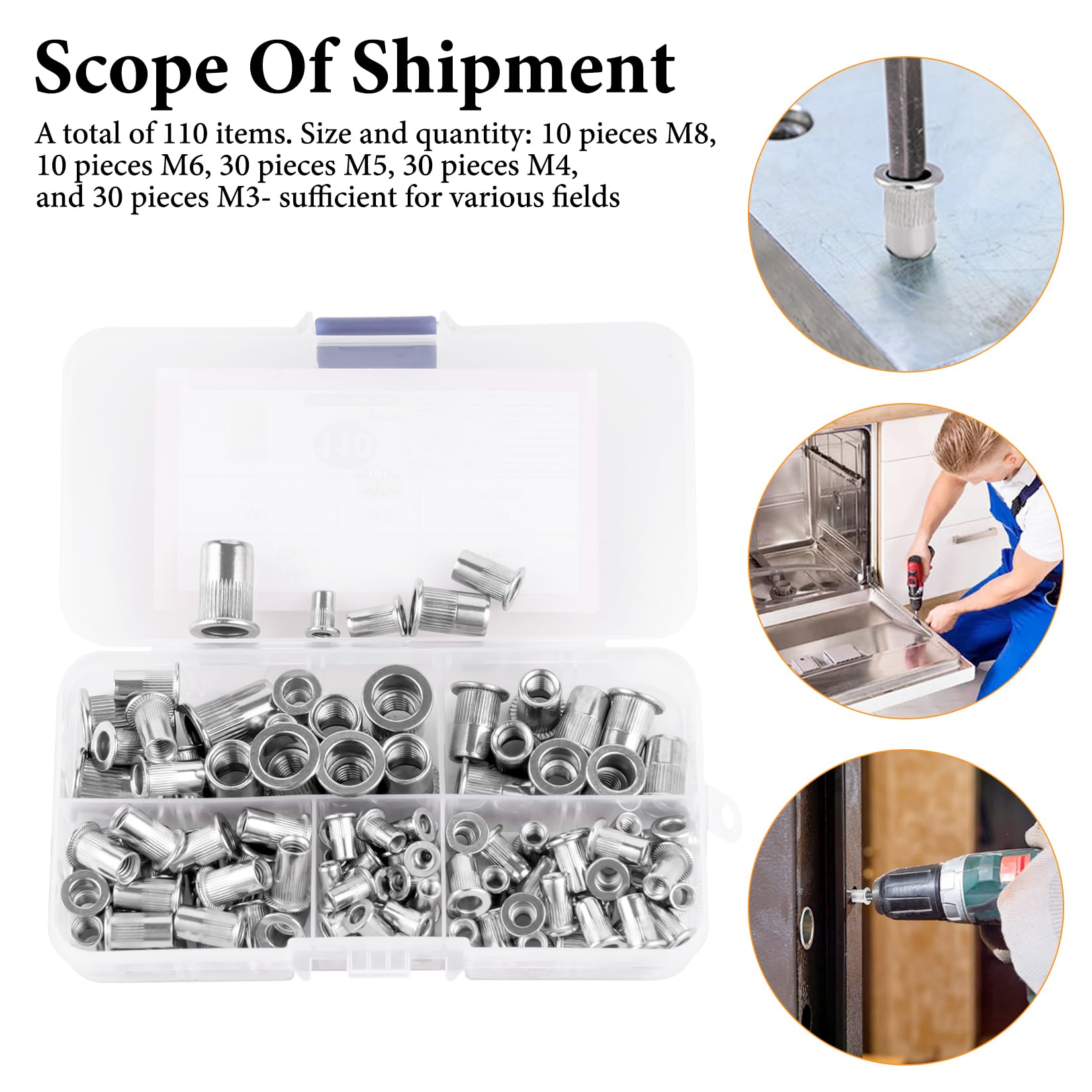 Kit Rivettatrice Manuale 110 Pezzi Per Inserti Filettati - M3, M4, M5, M6, M8 - Con Rivetti In Alluminio E Punte, Custodia Inclusa