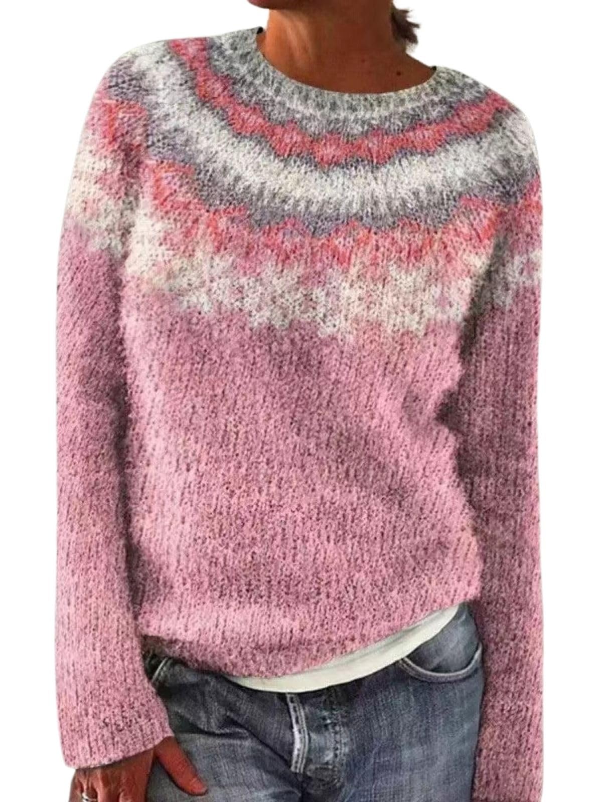 DMOYALA Women's Fair Isle Sweater Long Sleeve Boat Neck Pullover Tops 2025 Vintage Knitted Sweater Tops for Christmas
