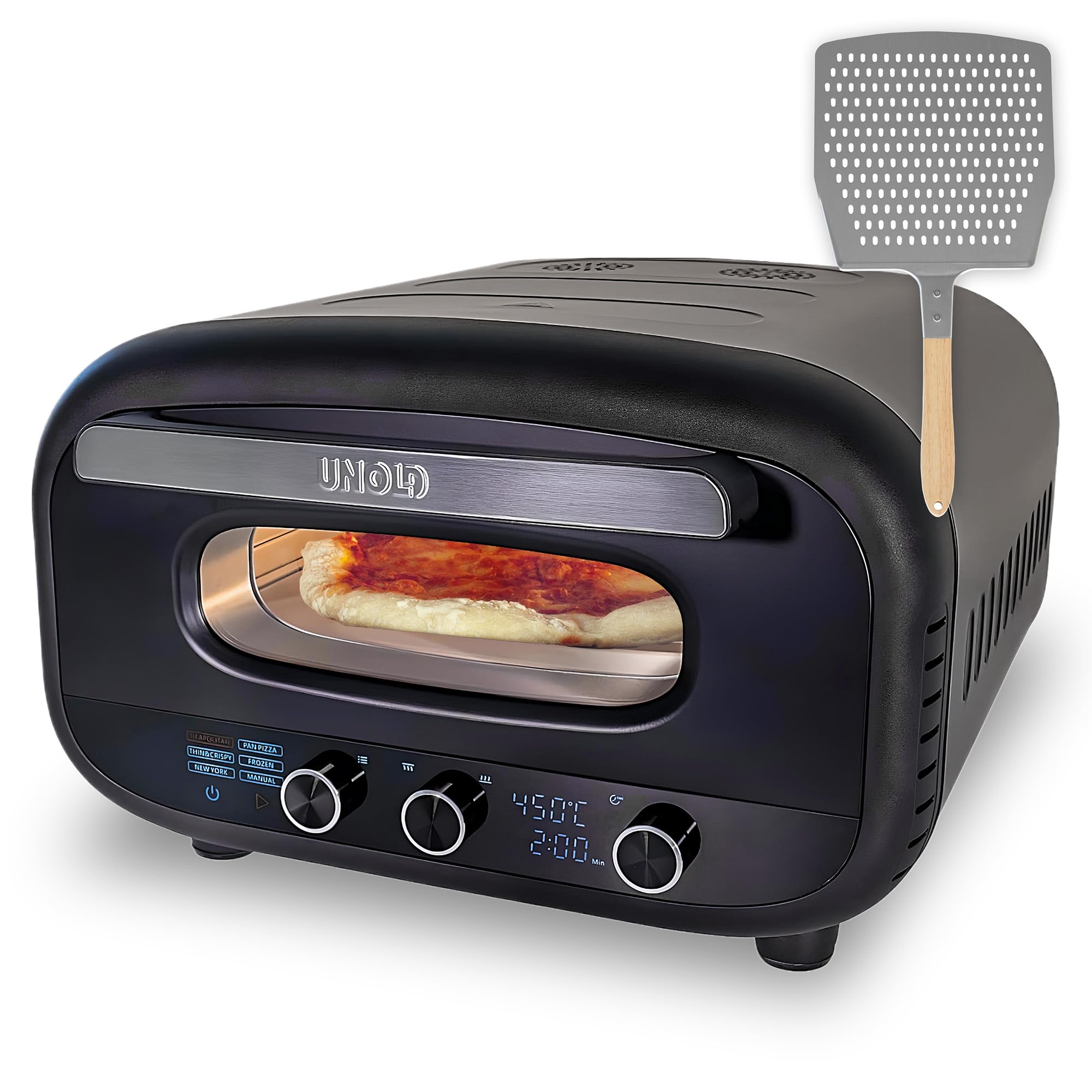 Unold Don Alfredo 450°C Pizza Oven 68805 - Indoor Electric Neapolitan Pizza Maker for Kitchen - With Pizza Peel - Up to 12" (32cm Stone) - 1700W - Adjustable Timer - Dial Controls - LCD Display - 240V
