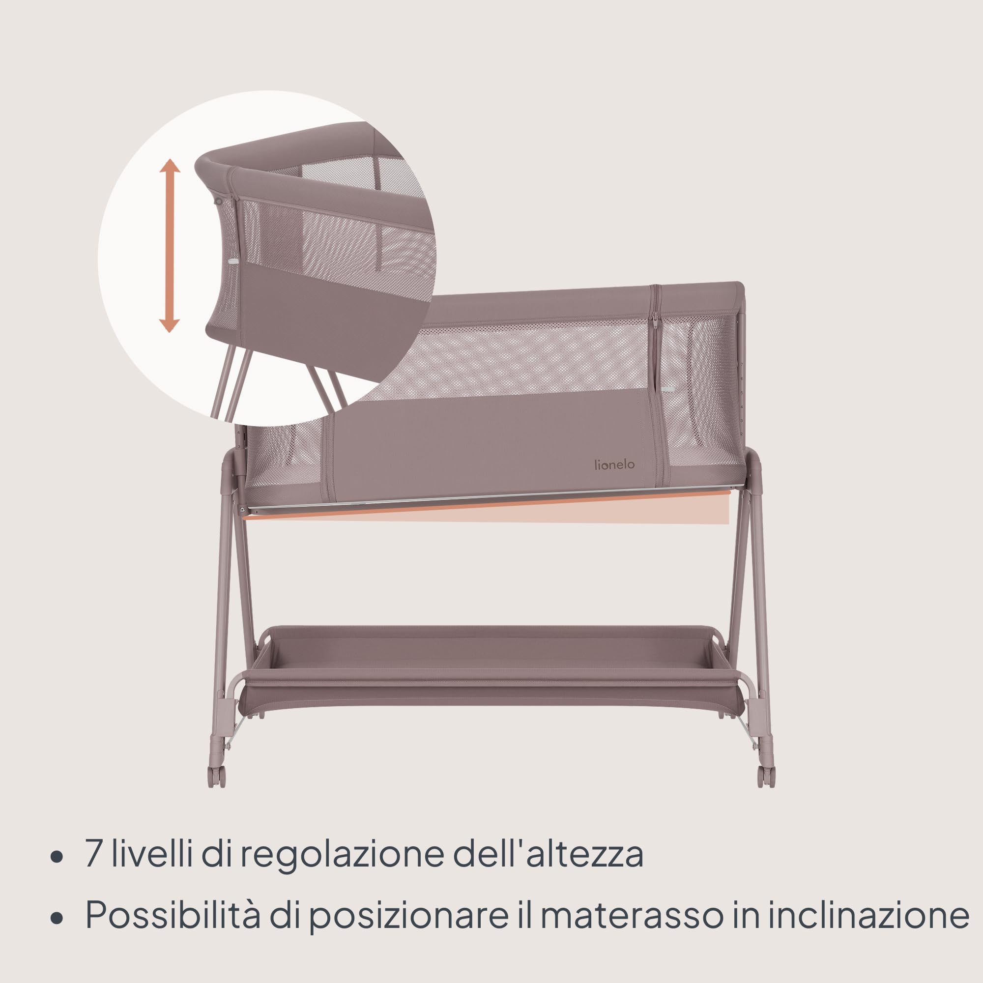 lionelo LUNA lettino portatile con materasso, co-sleeping, da neonato a 9kg, altezza e inclinazione regolabili, 4 ruote con blocco, fissaggio al letto dei genitori, arioso lettino da affiancare