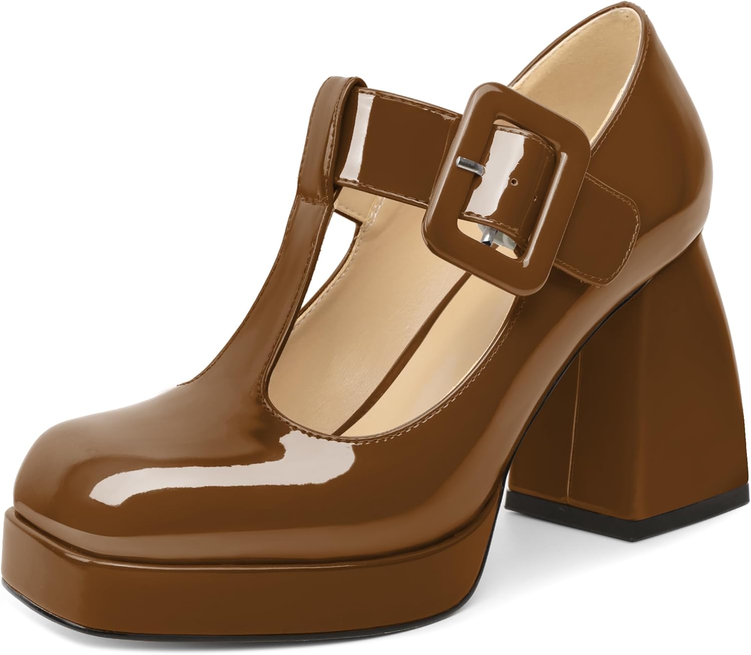 YODEKS Women's High Heels Square Toe Mary Jane Pumps Chunky Heel Platform Dress Shoes