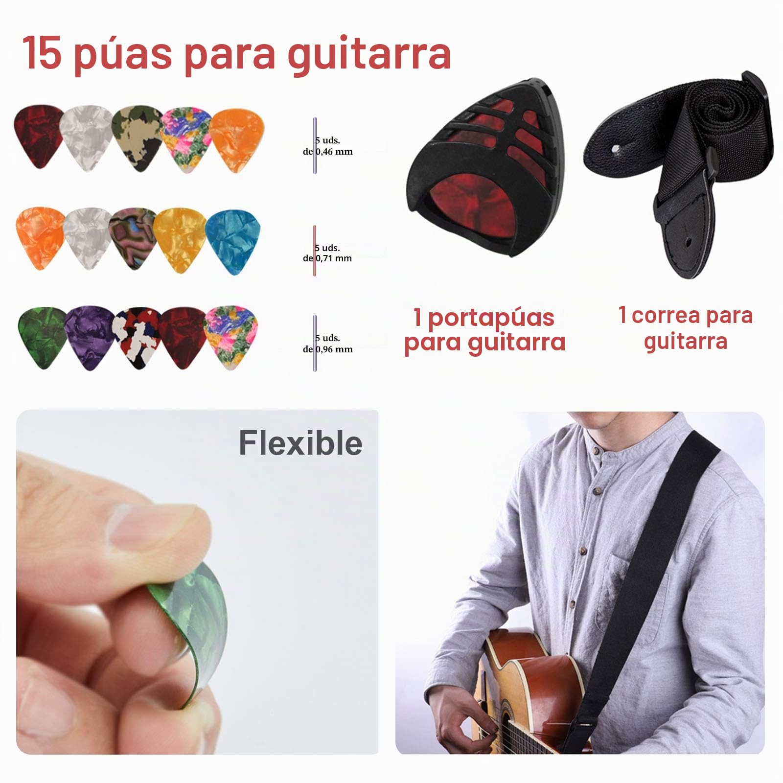TTCR-II Accesorios Guitarra 78 Piezas con Afinador Guitarra,Correa,Soporte pared,Cejilla,15 Puas,3 juegos Cuerdas,Puente,Cejuela acustica