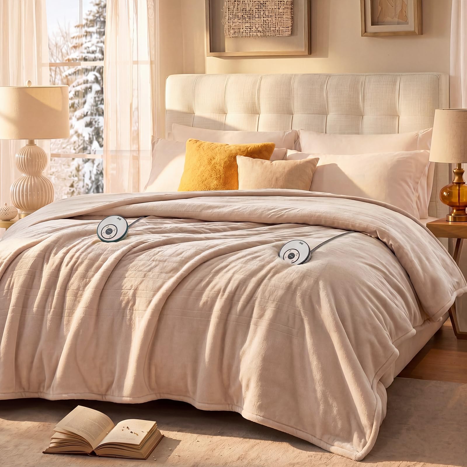 Sealy Heated Blanket Electric Queen Size 84"x90", Soft Double Flannel Electric Blanket with 10 Heat Levels & 1-12 Hours Auto Shut Off, Machine Washable, Even Heat Distribution, Beige