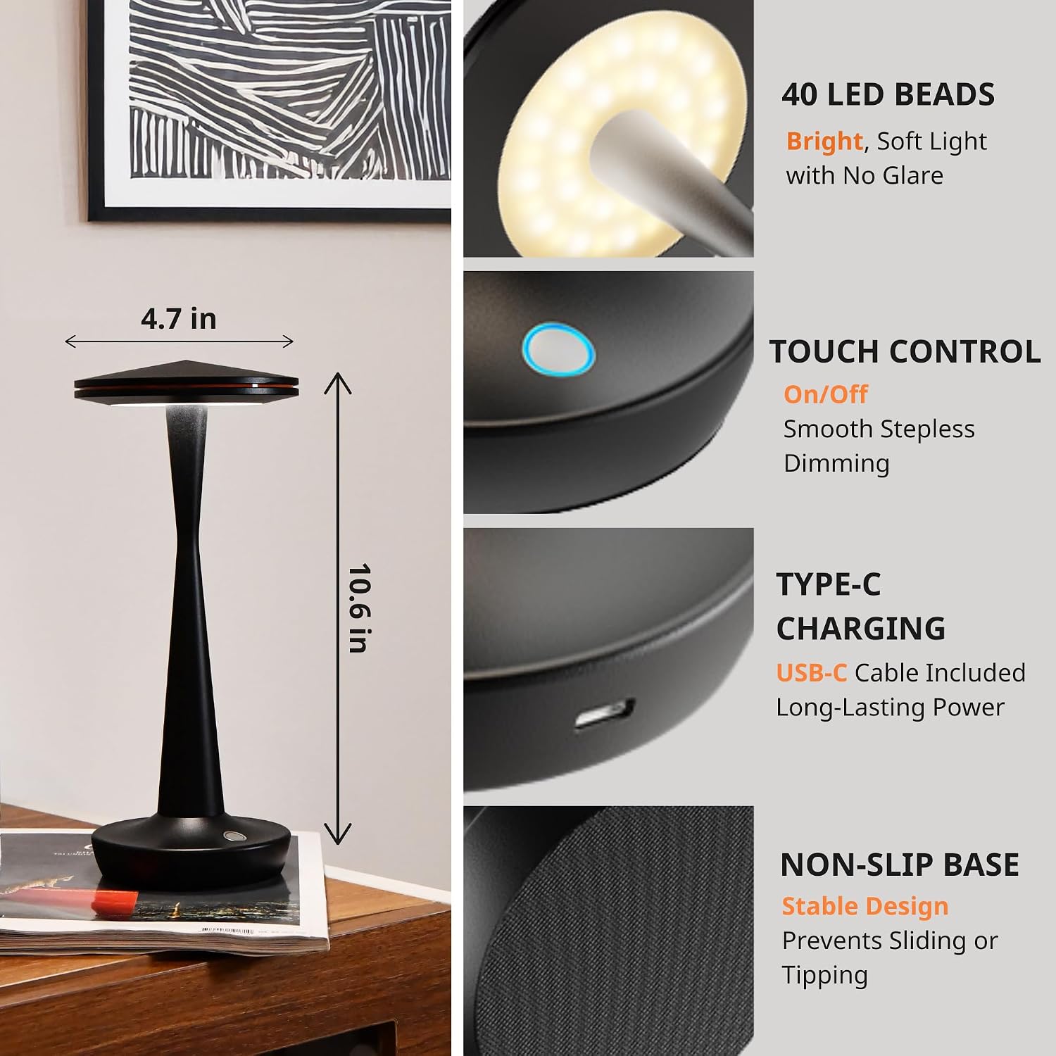 LED Cordless Table Lamps Rechargeable - Outdoor Battery Operated Portable Table Light 3 Color Stepless Dimming Tables Lamp with Memory Function, IP54 Waterproof for Patio Restaurant Dining (2 Black)