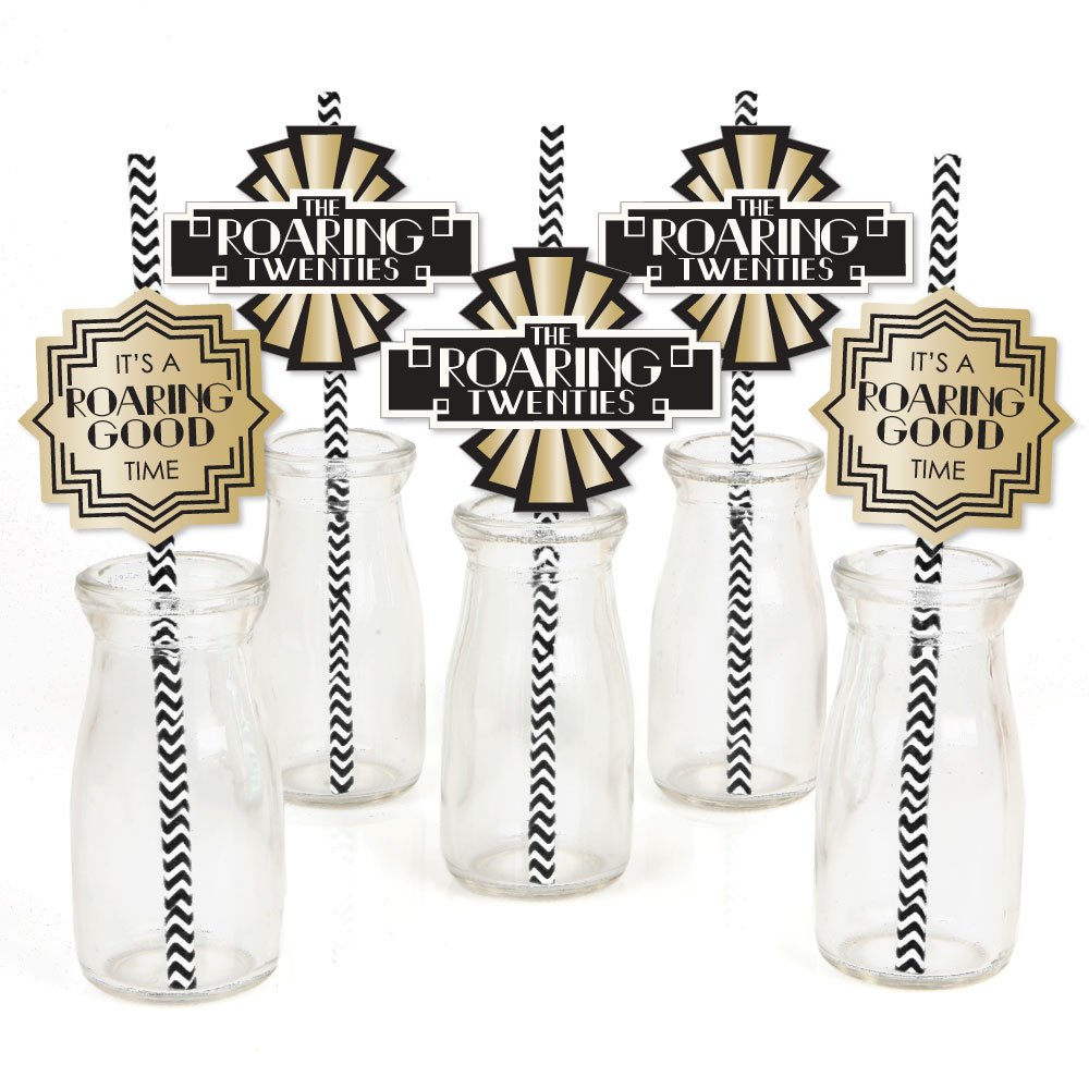 Roaring 20's - Paper Straw Decor - 1920s Art Deco Jazz Party Striped Decorative Straws - Set of 24