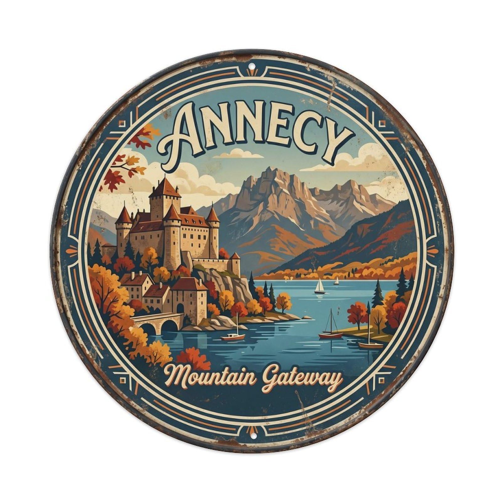 Vintage Travel Annecy France Castle Metal Tin Sign Plaque Wall Decor for Cafe, Club, Garden Round Metal Poster 8x8Inch