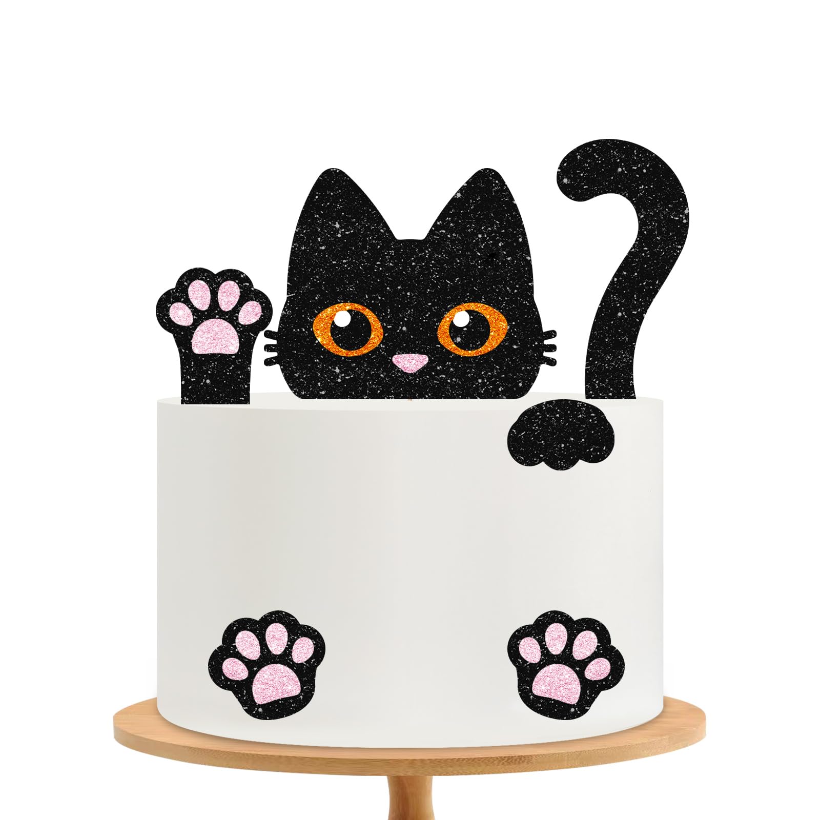 Black Cat Cake Topper, Cat Birthday Cake Decor, Black Glitter Kitten Baby Shower Cake Topper for Girl, Pet Themed Birthday/Adoption DayParty Decoration