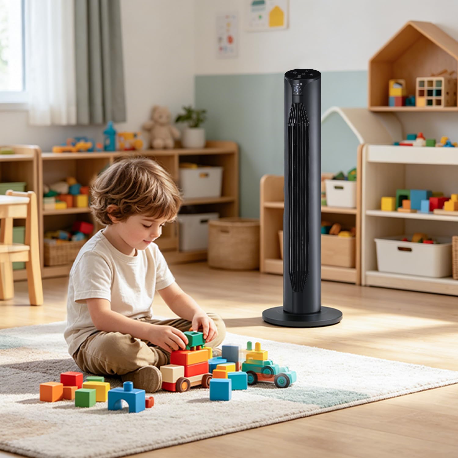 Ventilador de Pie Silencioso, Ventilador de Torre 55 W, 36'' (92cm) de Altura, Temporizador 12H Oscilación 3 Velocidades, 3 Modos, Oscilación 70°, Pantalla LED y Mando a Distancia Incluido, Negro