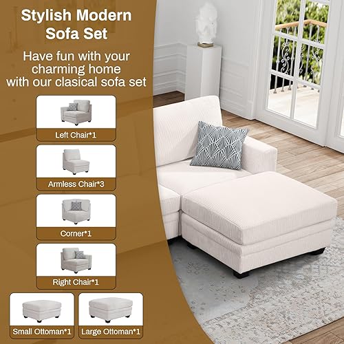 Miniatura 8 de Legend Vansen Sofá modular de gran tamaño, sofá en forma de U de 8 asientos con otomana, sofá de pana con asiento profundo, sofás seccionales