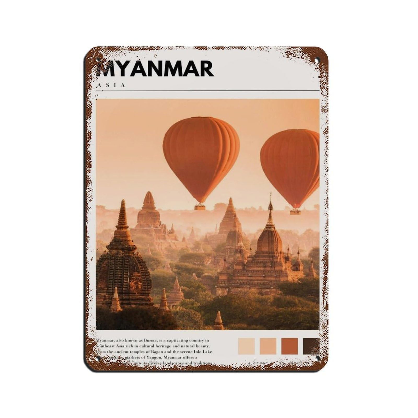 Myanmar Burma Poster Myanmar Yangon Bagan Retro Poster Metal Tin Sign Chic Art Retro Iron Painting Bar People Cave Cafe Family Garage Poster Wall Decoration 12x16inch(30x40cm)