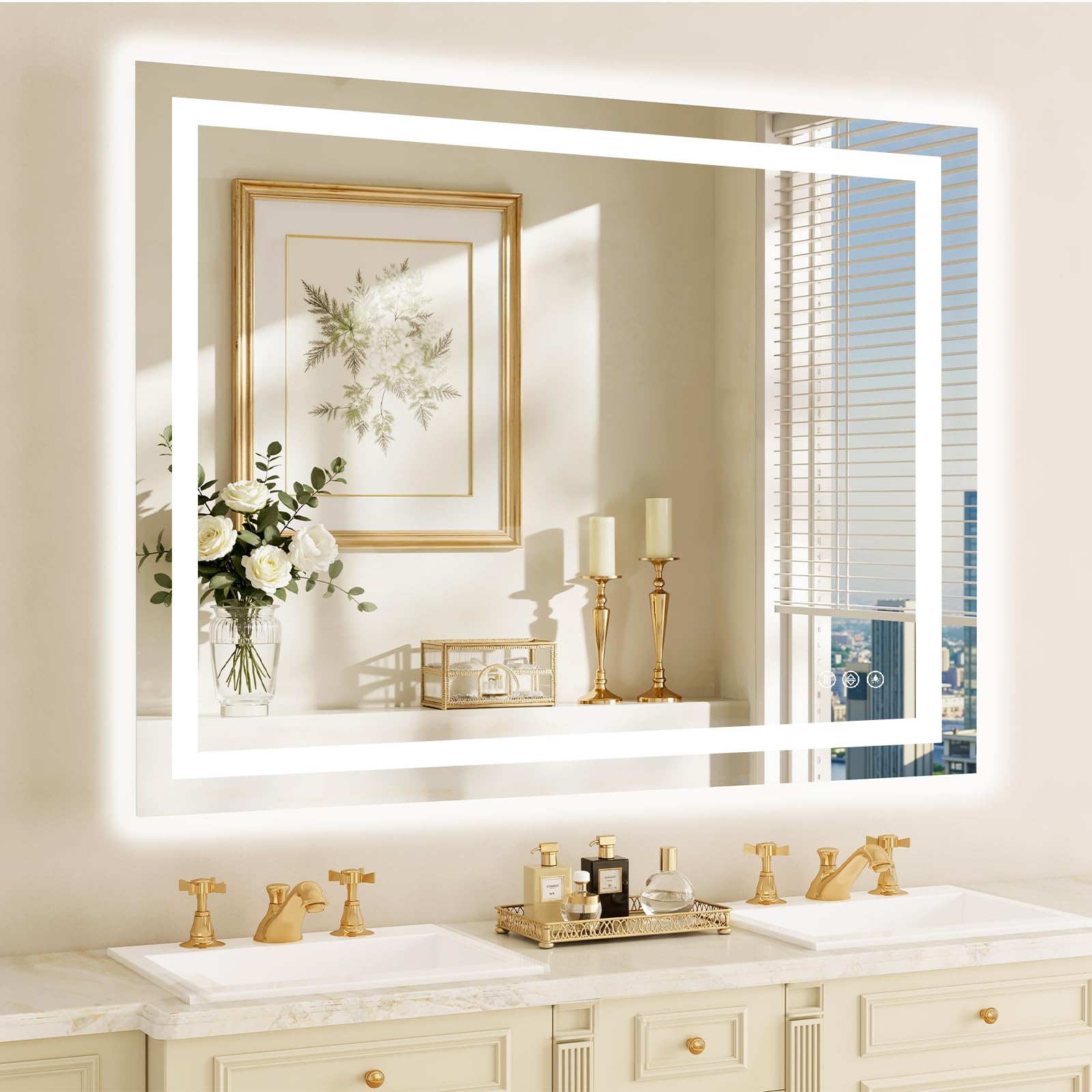 48x36 large led bathroom mirror with lights, anti-fog, dimmable brightness, backlit + front lit, 3 colors, lighted bathroom vanity mirror for wall, memory function, shatterproof tempered glass
