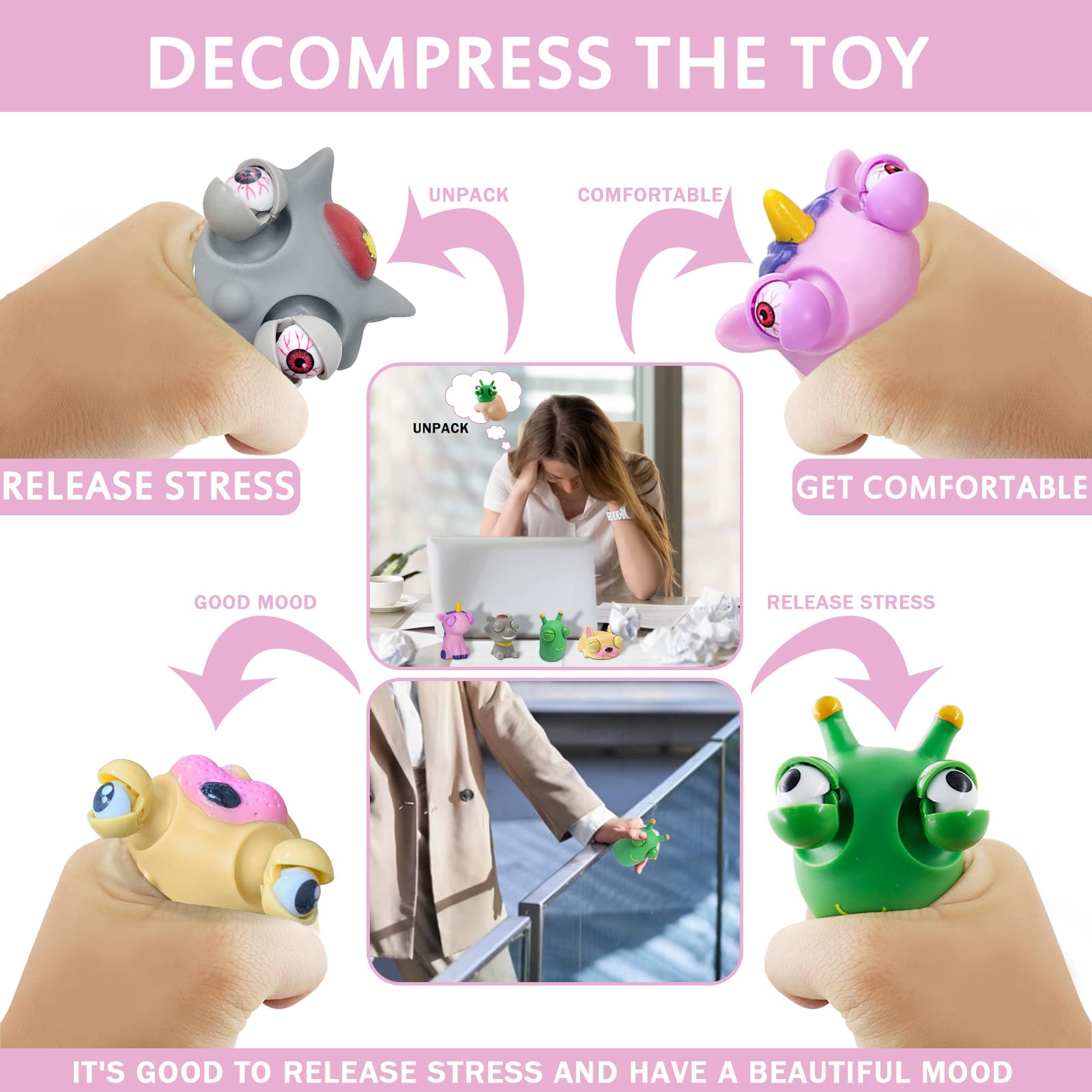 TECHEEL Squeeze speelgoed, 4 stuks, anti-stress speelgoed, popping out eyes squeeze speelgoed, pinch-speelgoed, oog-out, stressballen voor kinderen en volwassenen, angst, stressvermindering, stressbal