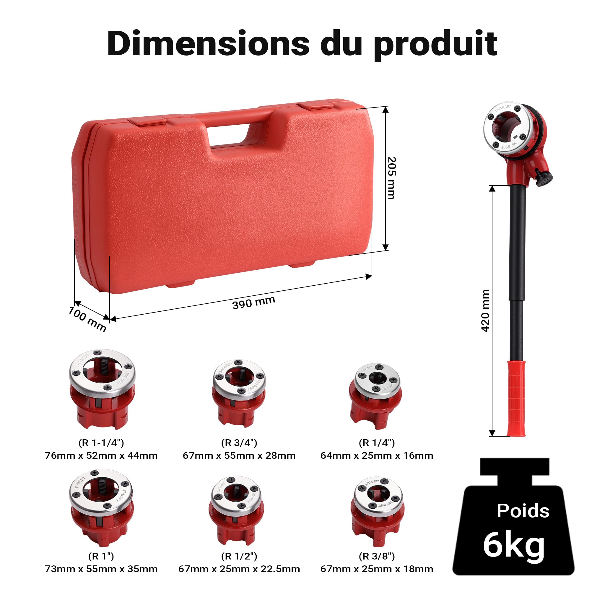 Coffret Filières de plombier à Tête interchangeable Taraud Coupe-tube 9 Pièces Outil Plomberie
