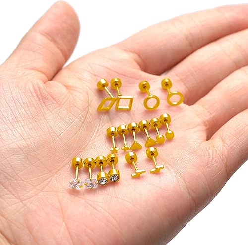 Miniatura 5 de Ofeiyaa Juego de 18 aretes de tuerca pequeños de acero inoxidable con forma de corazón, cruz geométrica, estrella, triángulo, luna, bola de disco,