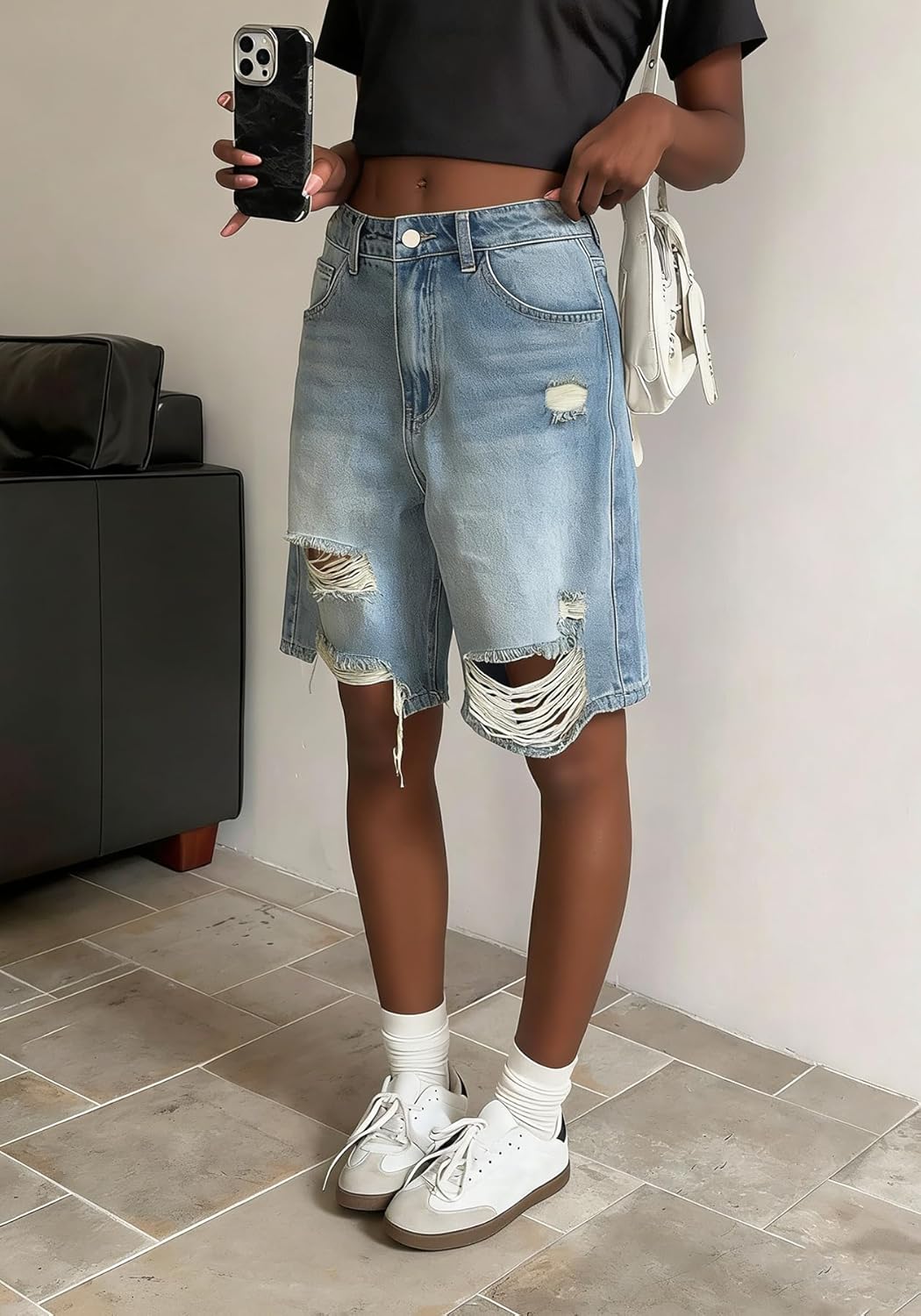 DINGANG Womens Ripped Jean Shorts Baggy High Waisted Bermuda Distressed Y2K Long Denim Jorts