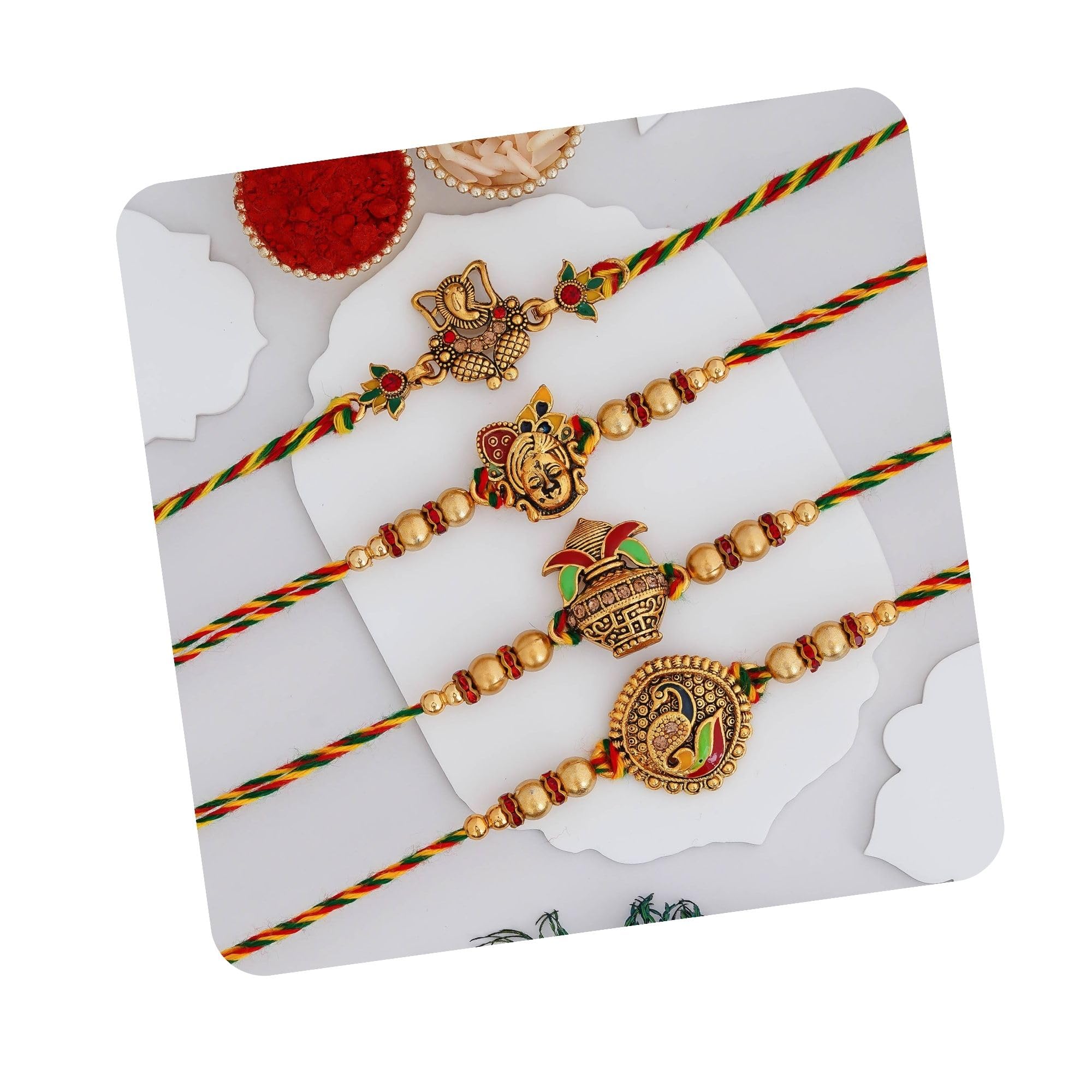 eCraftIndia Set of 4 Lord Ganesha, Peacock, Krishna & Kalash Designer Rakhis with Roli Pack - Rakhi for Brother, Bhaiya, Bhai-image-4