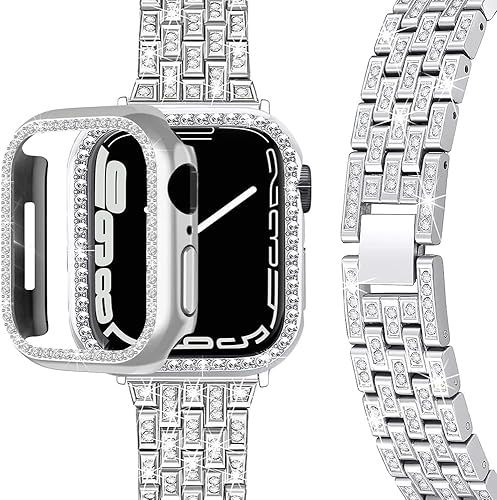 Miimall Compatible con Apple Watch Series 987 de 1.61 y 1.77 pulgadas, correa brillante con funda para mujeres y niñas, correa de repuesto de metal