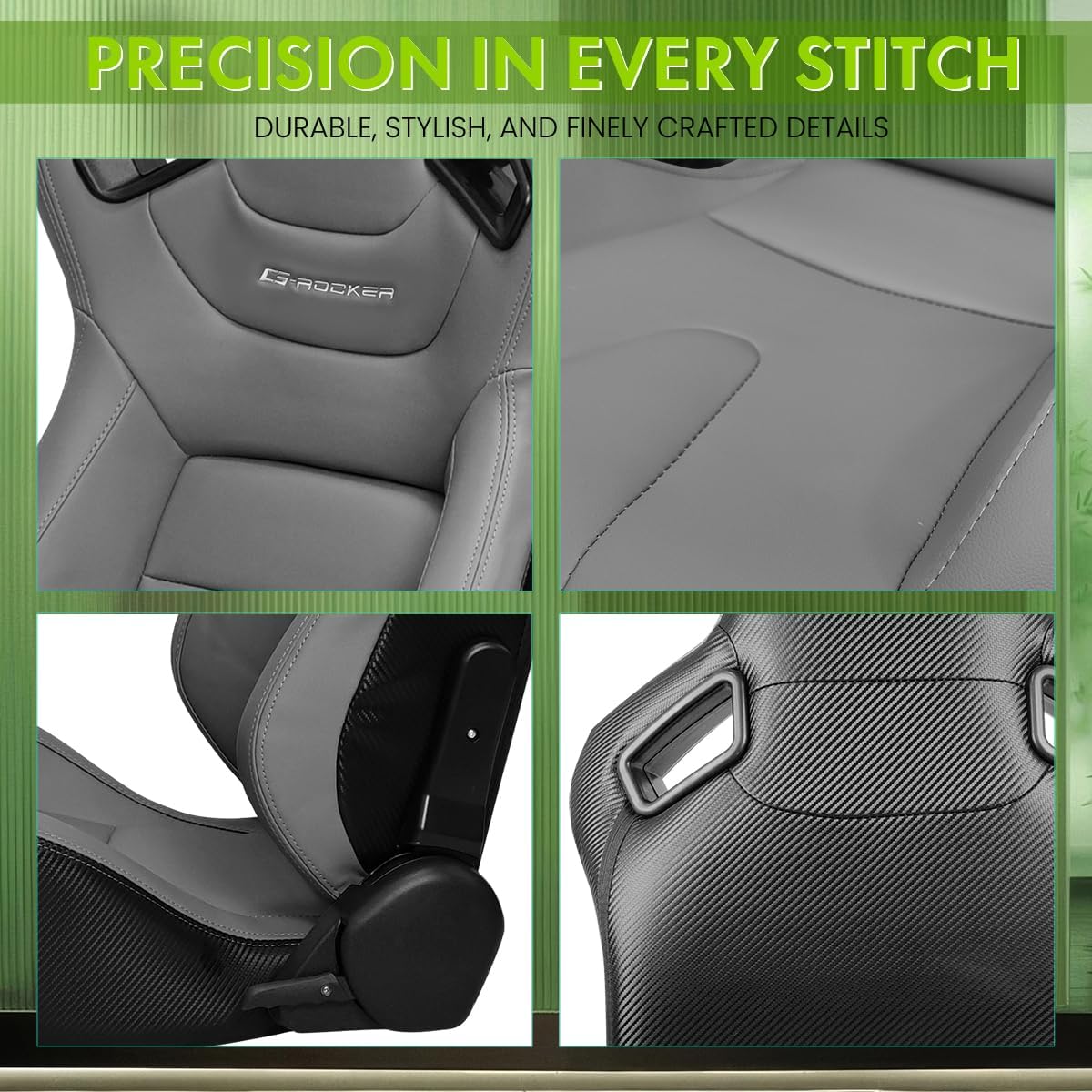 Universal Racing Seat with Dual Sliders, PU Leather Front & Carbon Leather Back Reclinable Bucket Seat, Driver Side-Gray w/LOGO