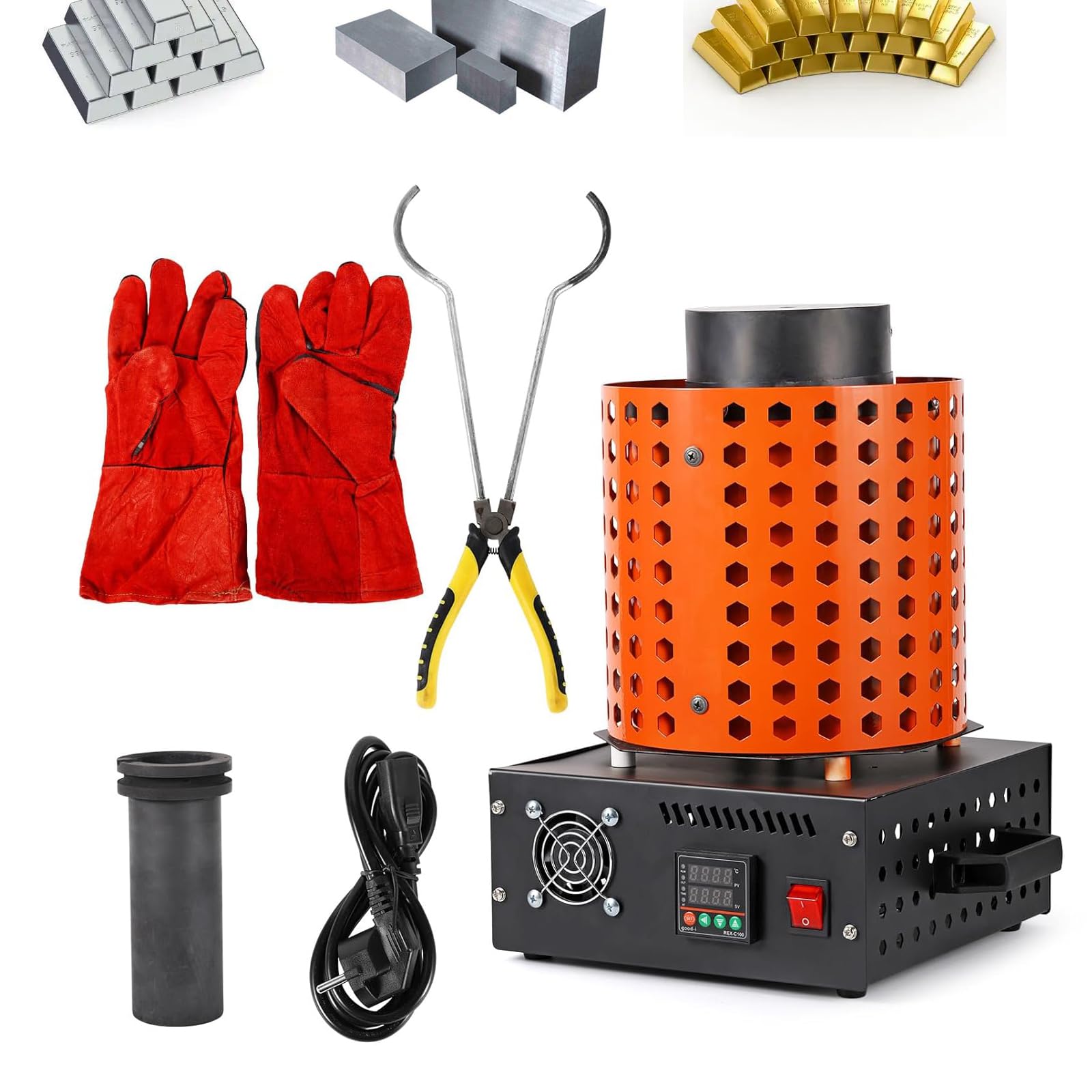 QYLTTDM Electric Gold Melting Furnace, 1750w Electric Gold Smelting Furnace Kit, 2102℉/1150℃ Electric Furnace With 3 Kg Graphite Crucibles For Melt Scrap, Silver, Gold, Copper, 3KG