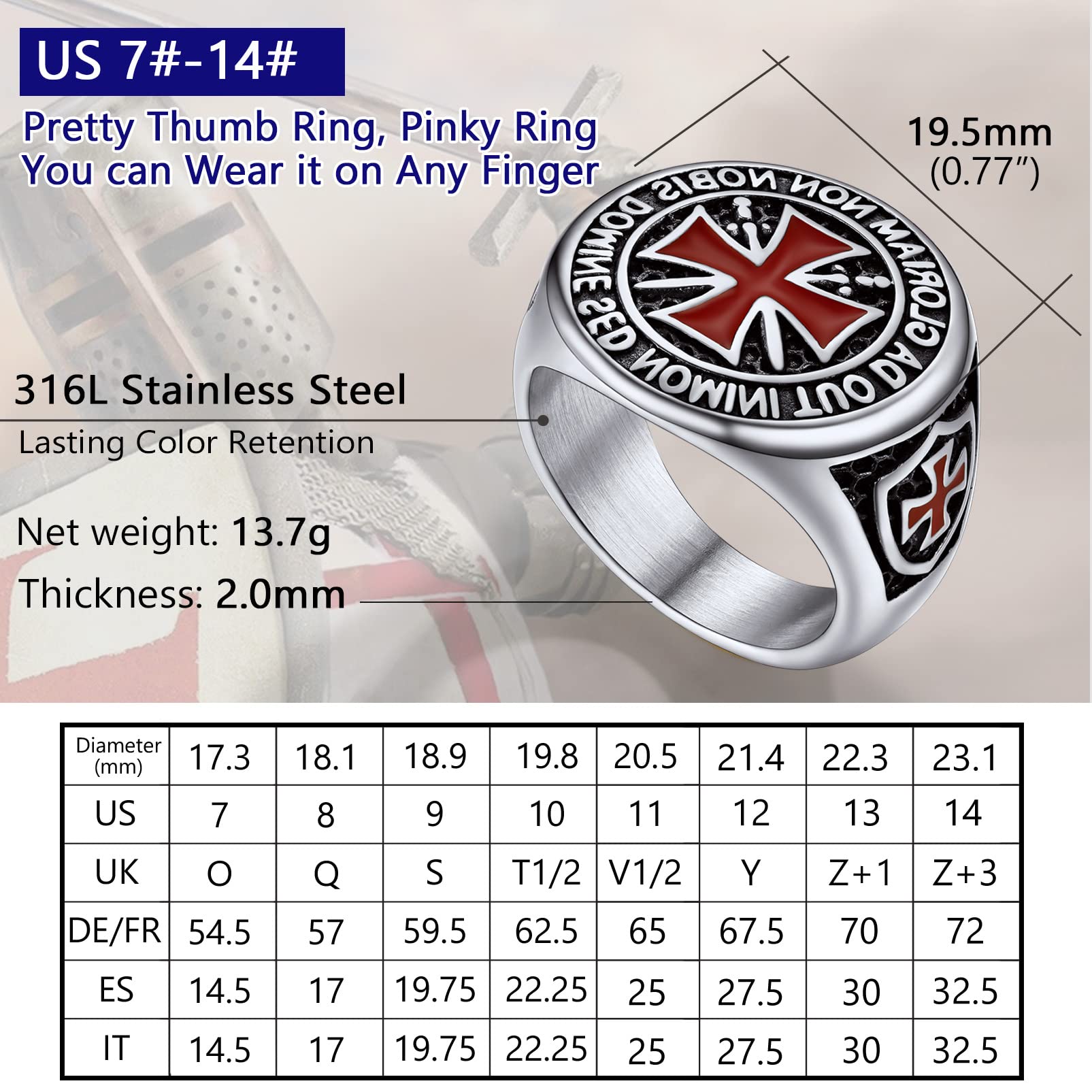 PROSTEEL Kreuzritter Ring Edelstahl Größe 72 Tempelritter Statement Ring Biker Rapper Fingerring Modeschmuck Accessoire