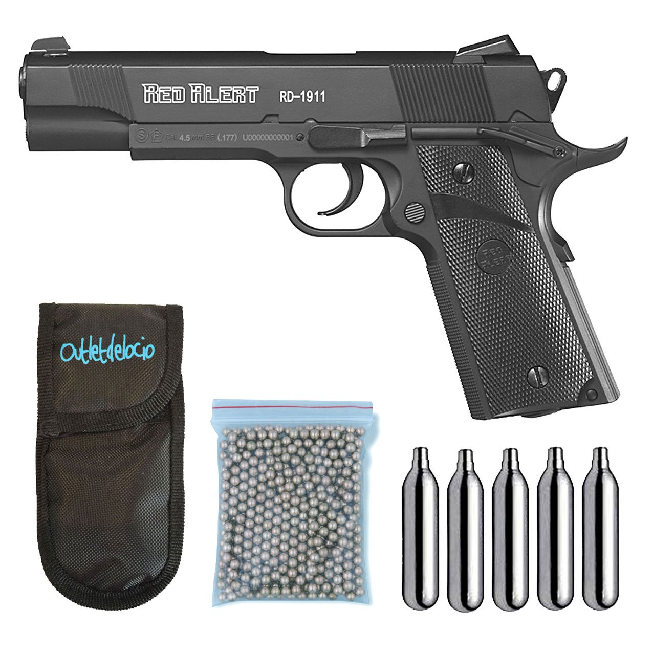 Outletdelocio Pistola Perdigón Gamo Red Alert RD-1911. Calibre 4,5mm BBS, Funda Portabombonas, Balines y Bombonas co2, 23054/29318/13275