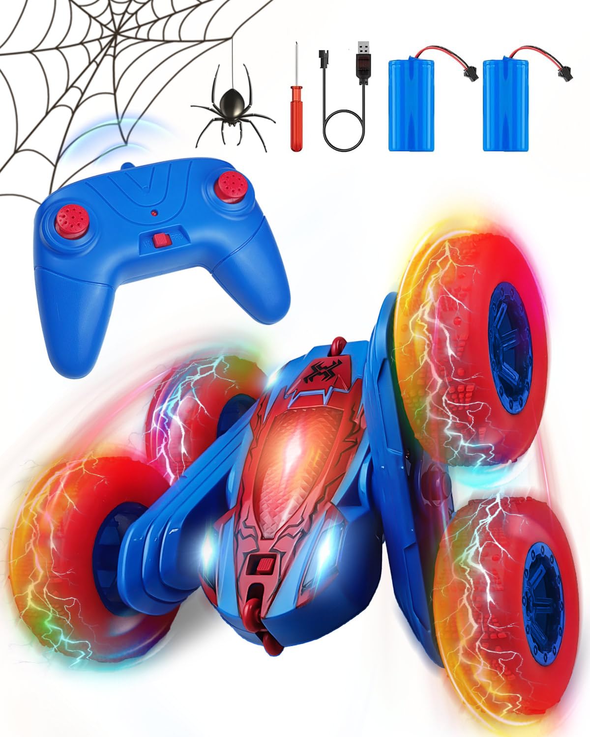 Aucaer Coche Teledirigido Niños 2 Años, Spider Coche Teledirigido Niños 3 Años LED Juguetes Niño Coche Teledirigido Bateria Recargable Regalos de cumpleaños