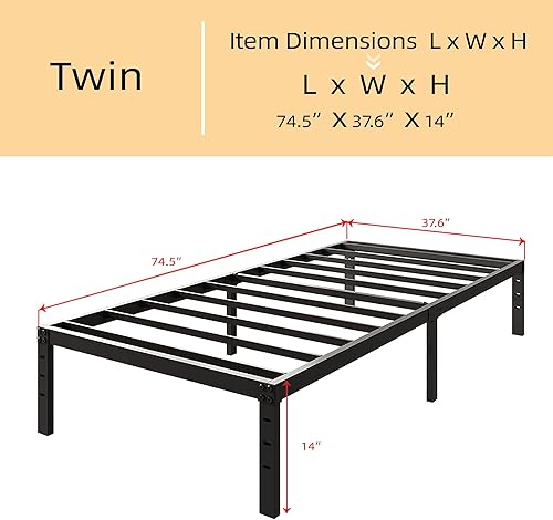 Miniatura 3 de Marco de cama de tamaño individual de 14 pulgadas, no necesita somier, marco de cama de plataforma de metal resistente, fácil montaje, sin ruido,