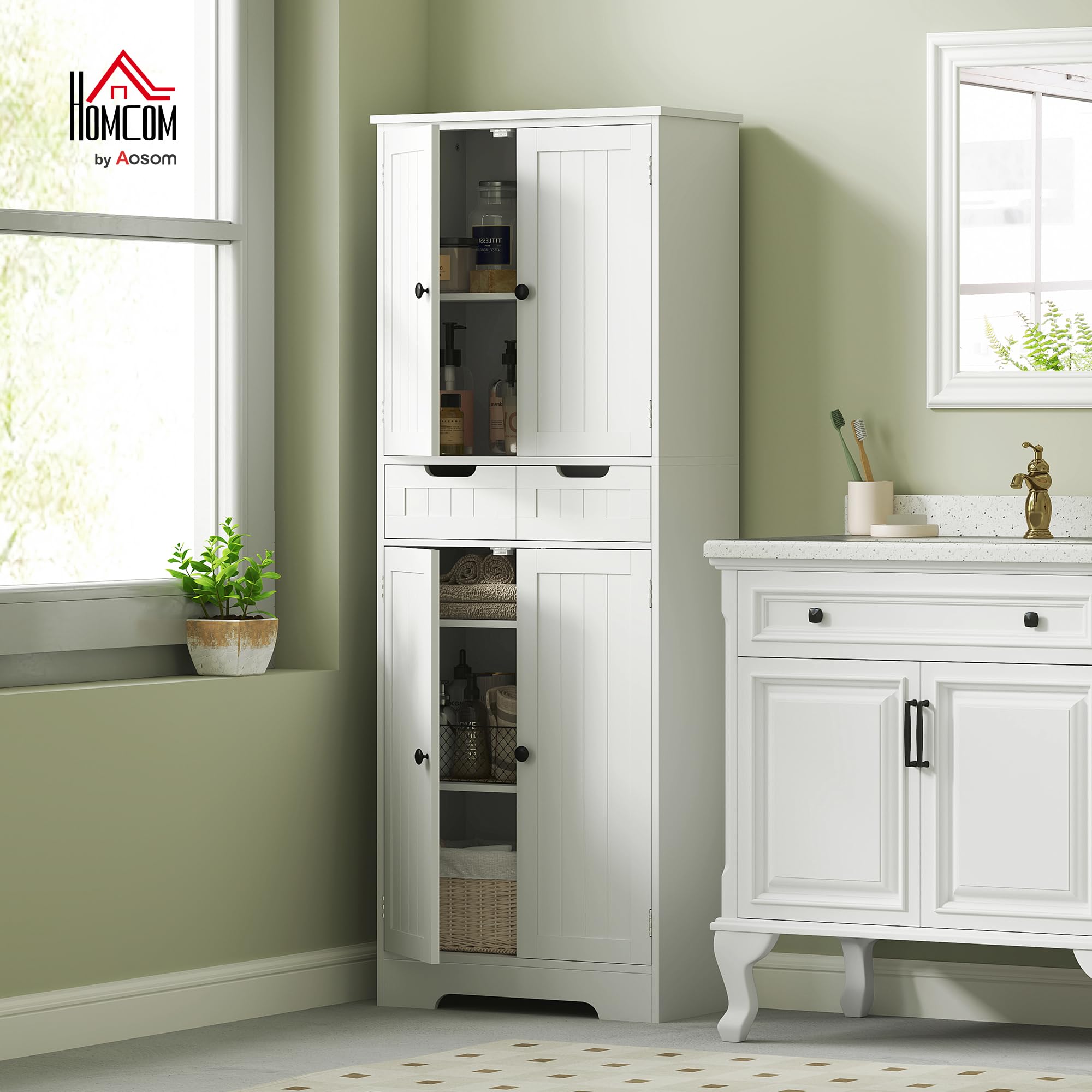 HOMCOM Mobiletto Alto Bagno Stretto 40x29,5x170 Cm – Bianco, Con Armadi, Cassetto E Ripiani Regolabili