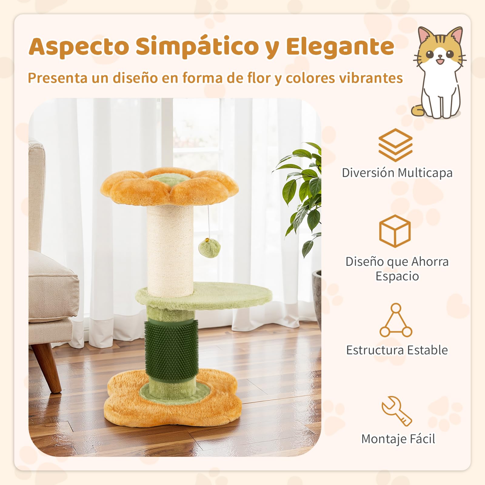 COSTWAY Árbol Rascador para Gatos 60cm, Diseño Flores, Torre Pequeña para Gatitos con Cama Acolchada de Tela Plush, Poste Rascador de Sisal, Bola Colgante, Árbol Pequño para Gatos, Interior (Amarillo)