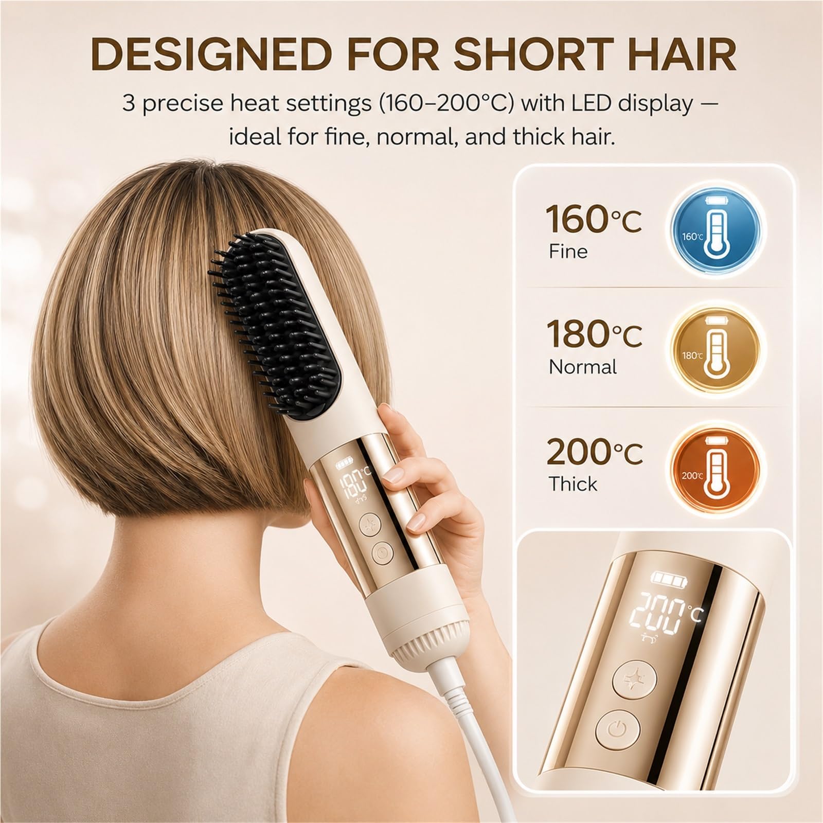 Cepillo Alisador de Pelo Corto Inalámbrico Recargable USB con 3 Temperaturas y Pantalla LED Mini Cepillo Alisador Portátil de Cerámica para Viajes y Retoques