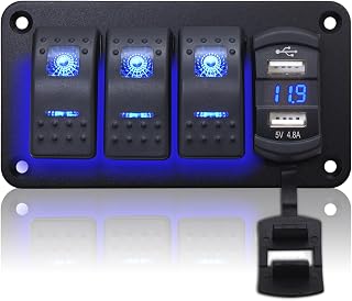 Geloo 3 Gang Rocker Switch Panel Boat Switch Panel Waterproof with 4.8A Dual USB Charger LED Voltmeter, 12V Marine Switch Panel Aluminum Panel for Car Boat Trucks RV(Blue)