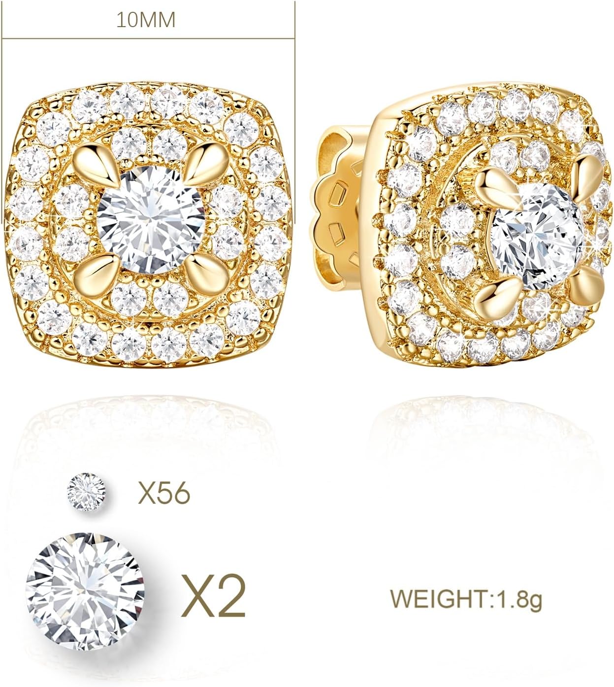 14K Gold Studs Earrings for Women Square-design Gold Stud Earrings for Women Cubic Zirconia Earring Studs 9.6mm - Image 5