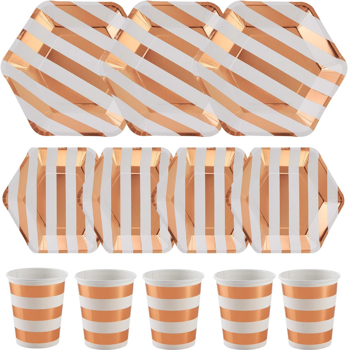 ALINK 150PCS Biodegradable Rose Gold Striped Disposable Paper Plates Cups Set, 50 Dinner Plates, 50 Salad Plates,50 Paper Cups for Birthday Party, Wedding, Thanksgiving, Christmas, Bridal/Baby Shower