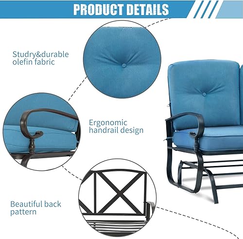 Miniatura 3 de Banco de patio, sofá biplaza mecedora para porche al aire libre, silla de marco de acero con cojín grueso (azul pavo real)
