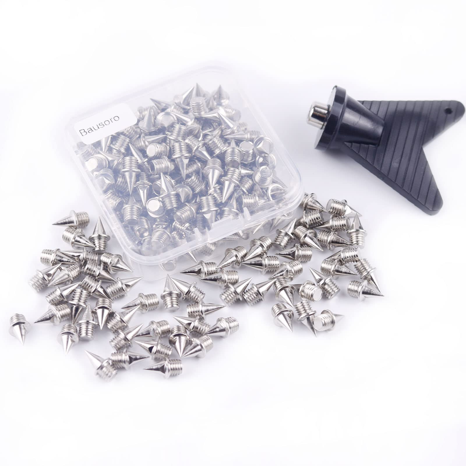 Bausoro110pcs 1/4 Inch Track Spikes, Steel Replacement Spikes for Track Shoes, Pyramid Spikes with Spike Wrench for Sprint Sports, Running and Cross Country (Silver)
