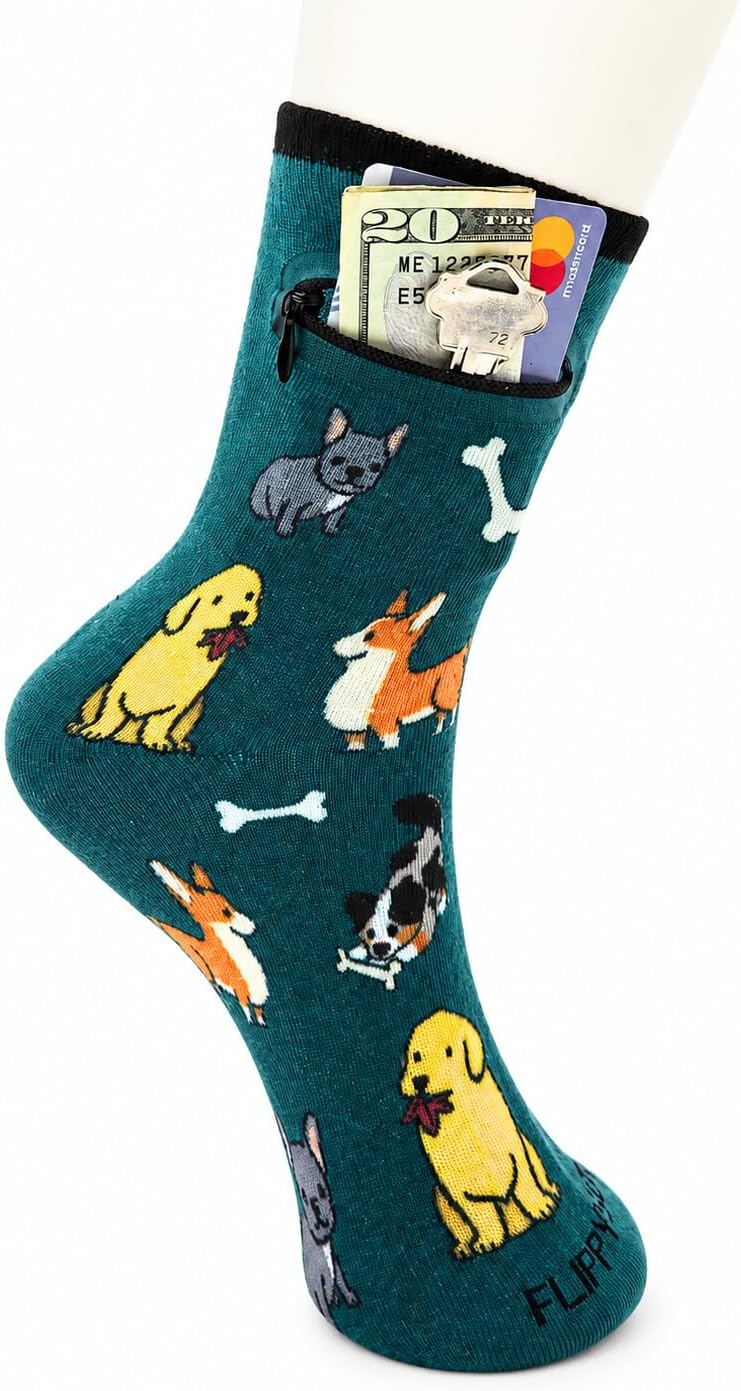 Zipper Sock Wallet - Cotton & Polyester Zipper Socks with Pockets - Fits shoe size 6-13