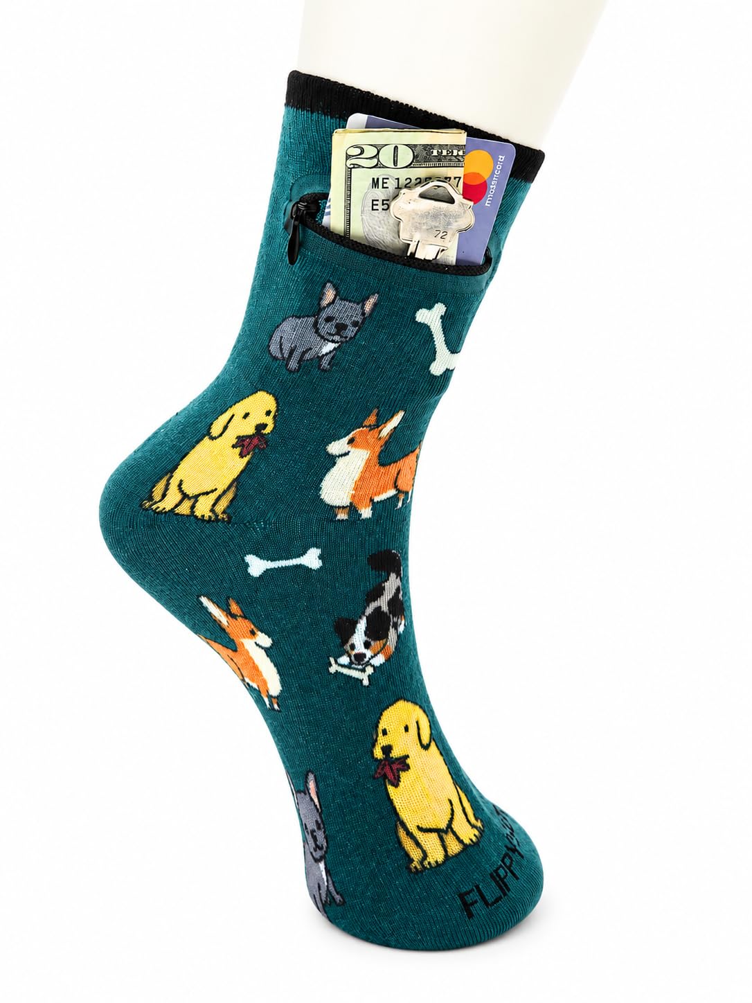 Zipper Sock Wallet - Cotton &amp; Polyester Zipper Socks with Pockets - Fits shoe size 6-13