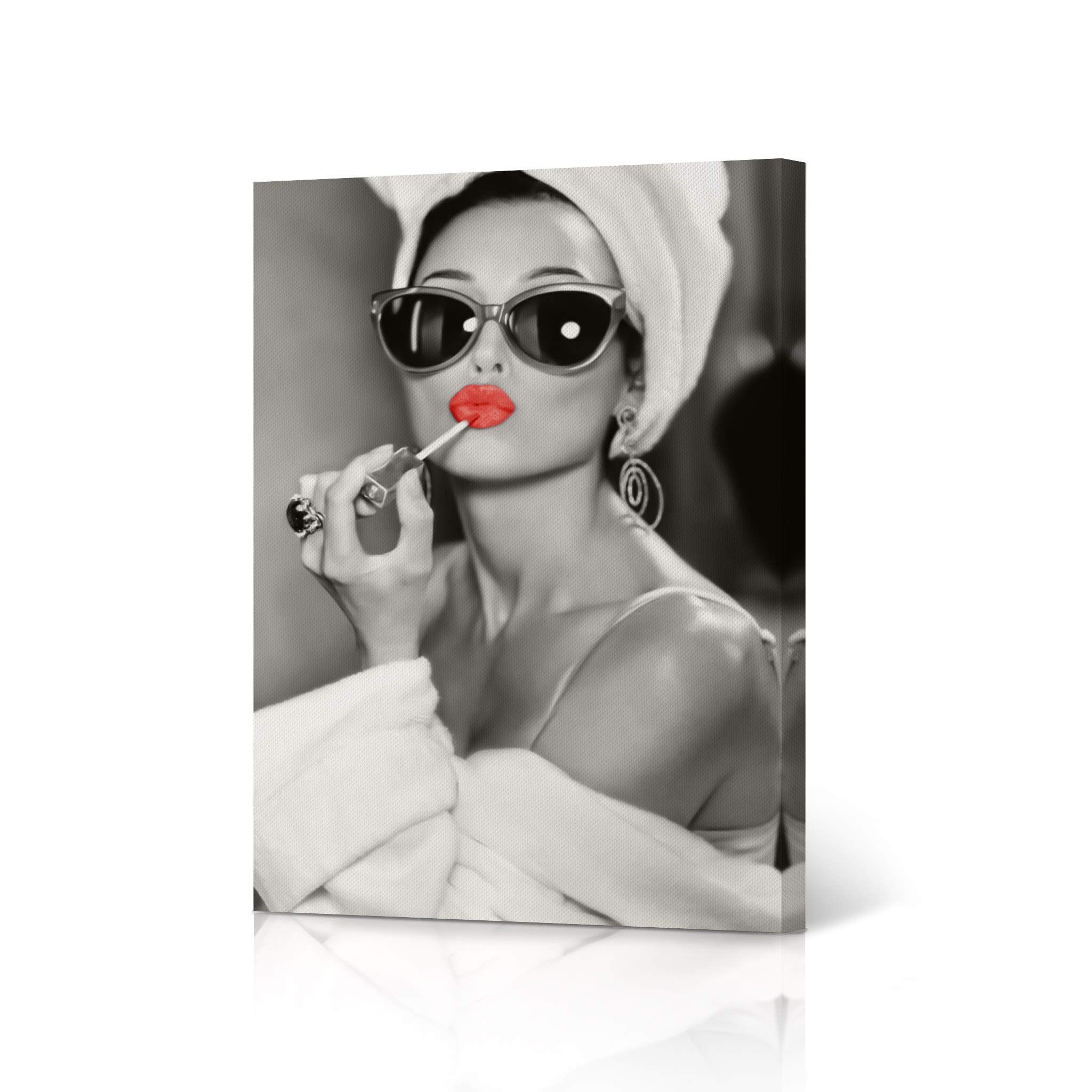 HB Art Design Audrey Hepburn Style Wall Art Red Lips Canvas Print Lipstick Makeup Iconic Pop Art Glam Fashion Black and White Wall Art Bedroom Vanity Decoration Vintage Artwork Gift for Women - 12x8