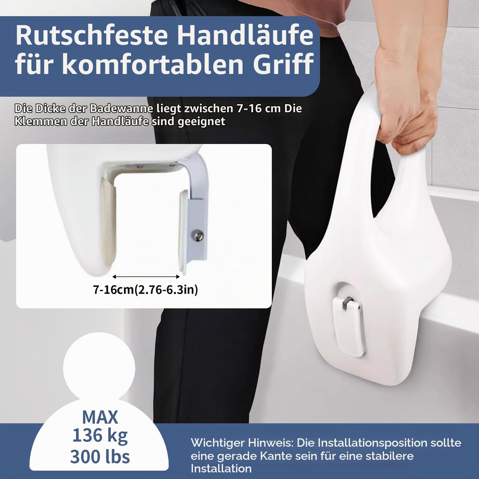 Badewanne Einstiegshilfe für Senioren – Badewanneneinstiegshilfe aus PE-Blasformmaterial mit Befestigung ohne Bohren, Griffstange für Wannen Rand mit Gummipolster für Senioren, Schwangere, Kinder