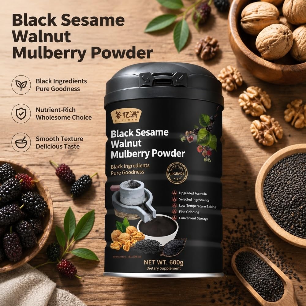 Polvo Instantáneo De Mora Y Nuez De Sésamo Negro 600g | Polvo instantáneo de morera y nueces con sésamo negro, desayuno fácil de cereales calientes, 600g