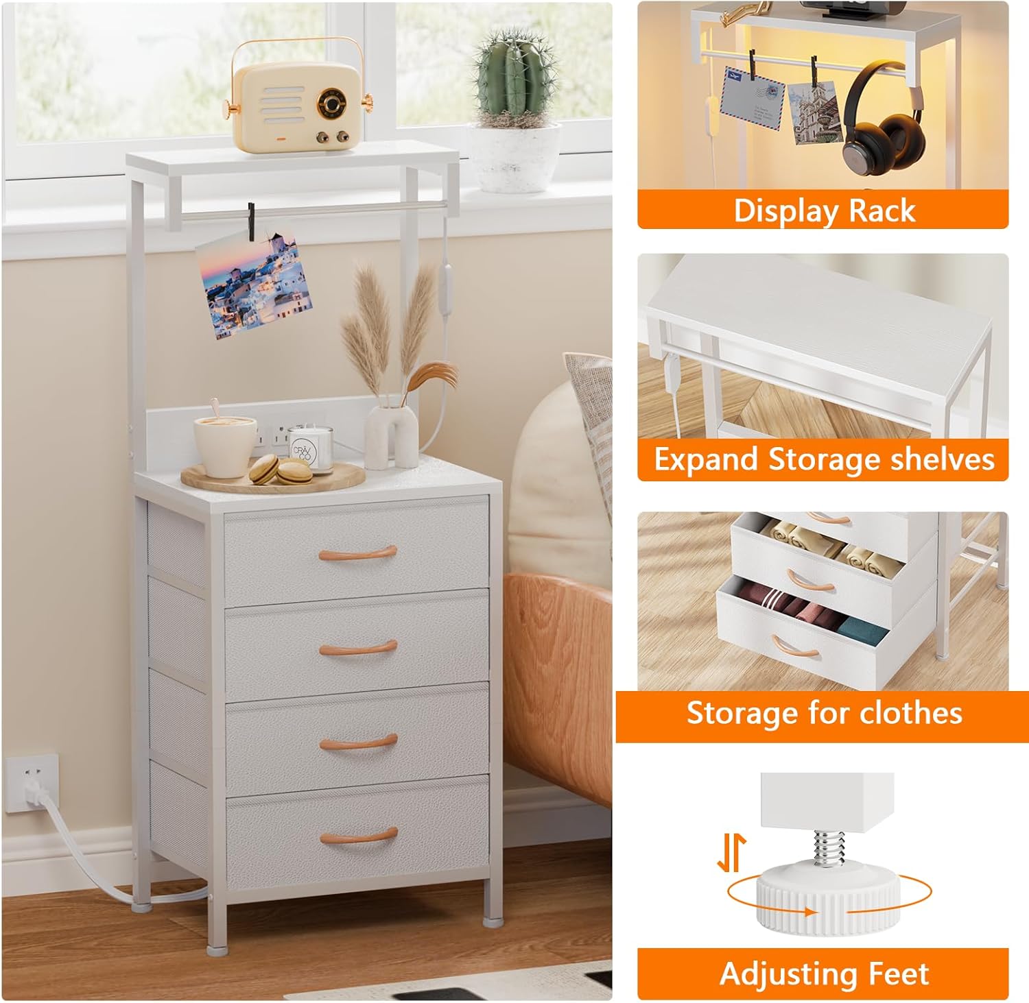 Furnulem Tall Nightstand, Bedside Night Stand with Bookshelf, Nightstand Bedside Table Furniture, Sturdy Steel Frame, Wood Top