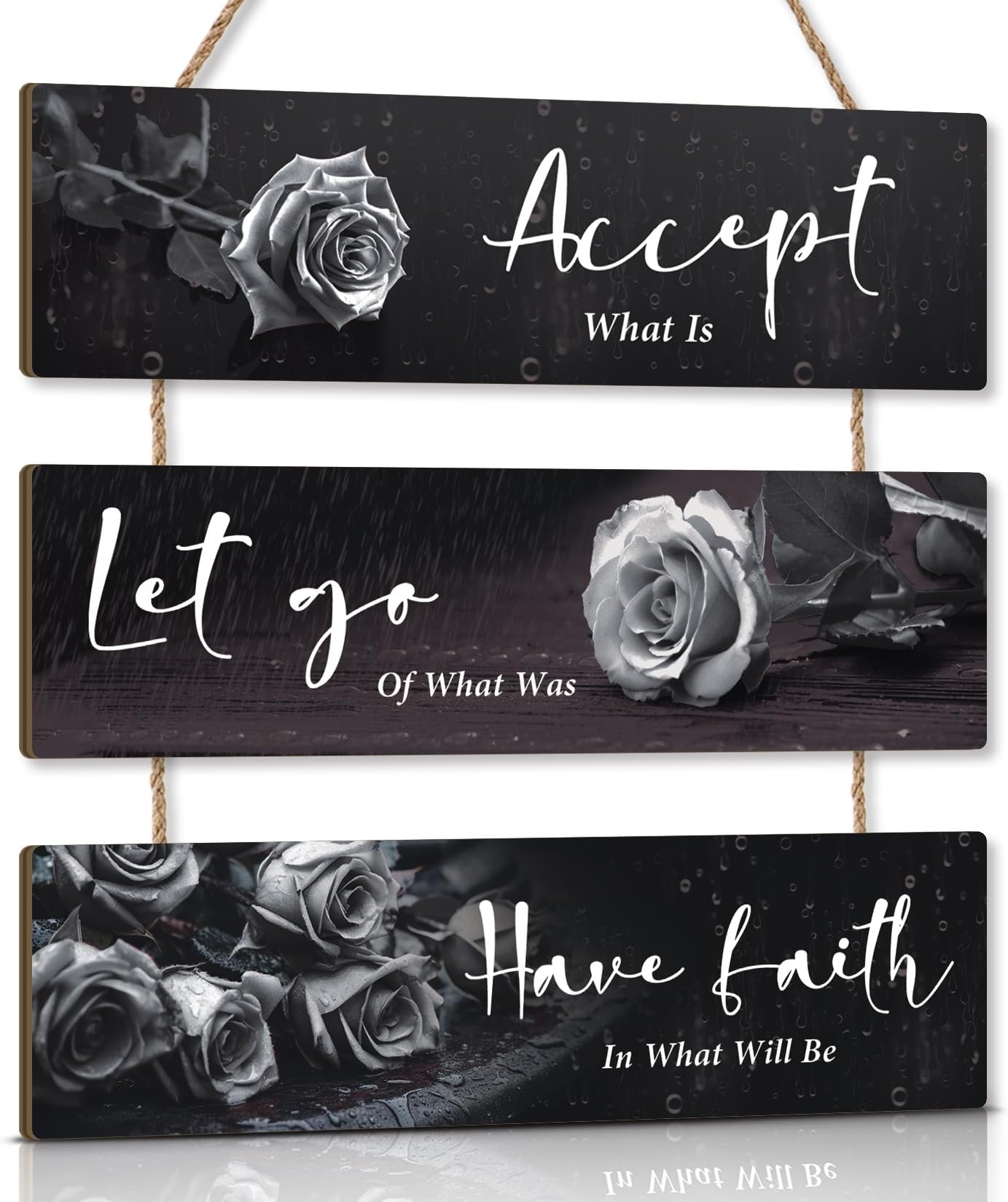KAIRNE Black Flower Wall Decor Motivational Words Hanging Sign Rose Flowers Accept Let Go Have Faith Quotes for Girls Women Living Room Inspirational Quotes Wall Plaque for Office Bathroom