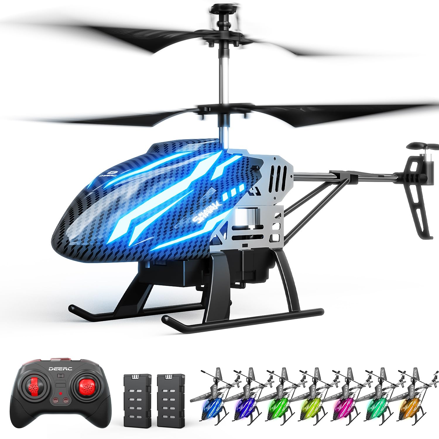 DEERCDE23 Remote Control Helicopter, RC Helicopters with 7 Colors Light, 2 Modular Battery for 24 Min Play, Altitude Hold, One Key take Off/Landing, 2.4GHz Aircraft Indoor Flying Toy for Boys Girls