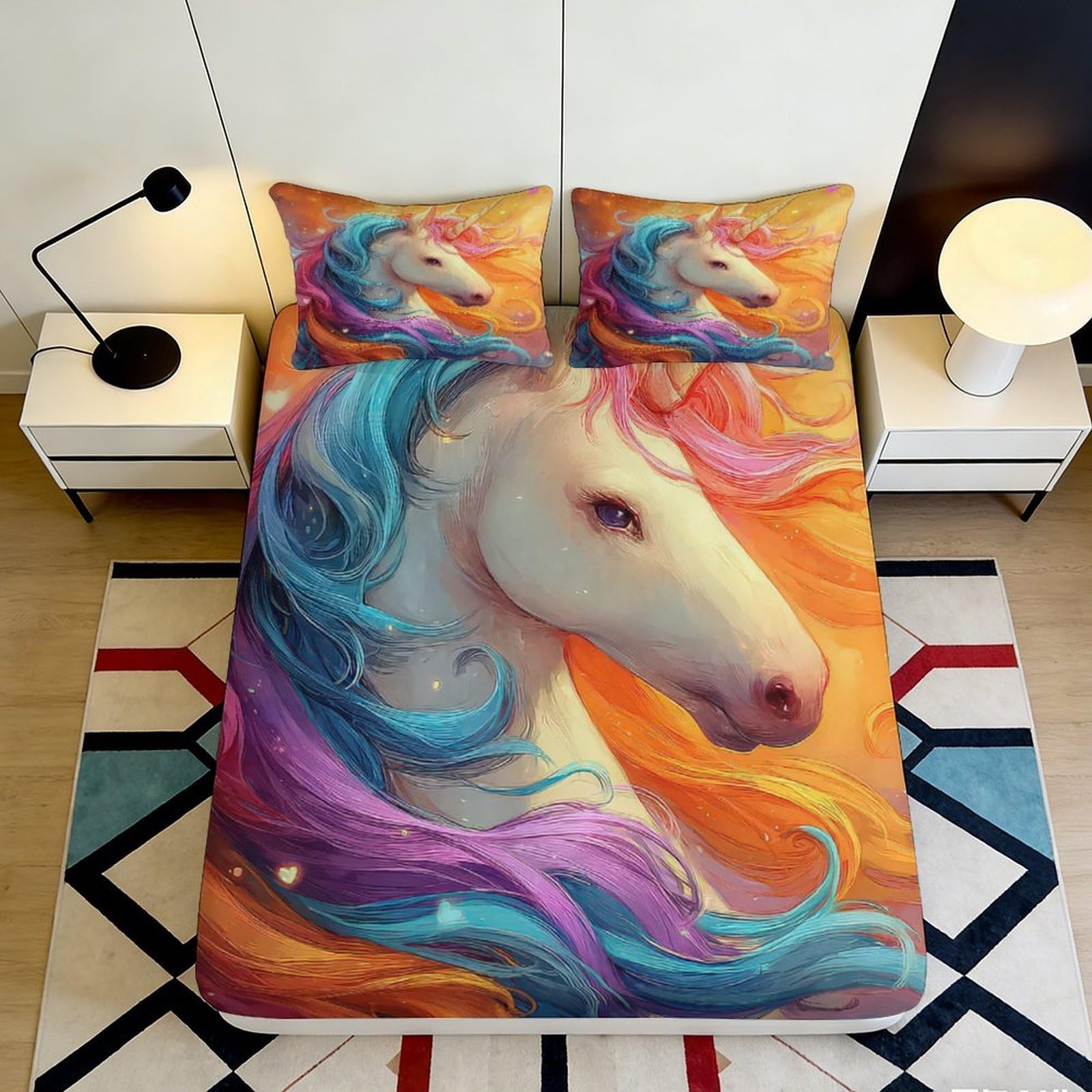 3D Printed Fantasy Unicorn Fitted Sheet Microfiber Colourful Rainbow Dream Bed Cover for Bedroom Dorm Mattress Decor 160x200x25cm